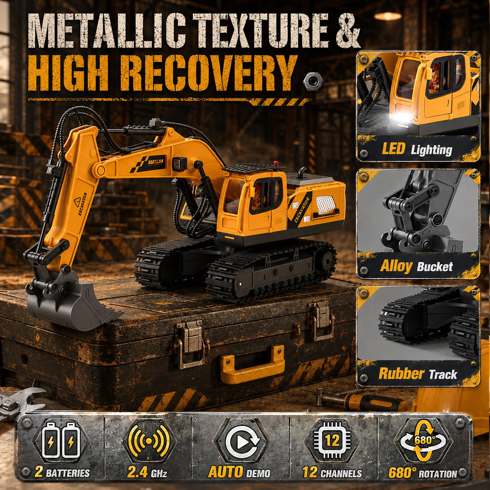 Ferngesteuertes Bagger Spielzeug mit Metall-Aufsätzen, 2,4 GHz Bagger RC Spielzeugautos mit Licht und Sound Bagger Extra Große Standgestützte Fernbedienung, Geschenk für Kinder ab 6-12 Jahren