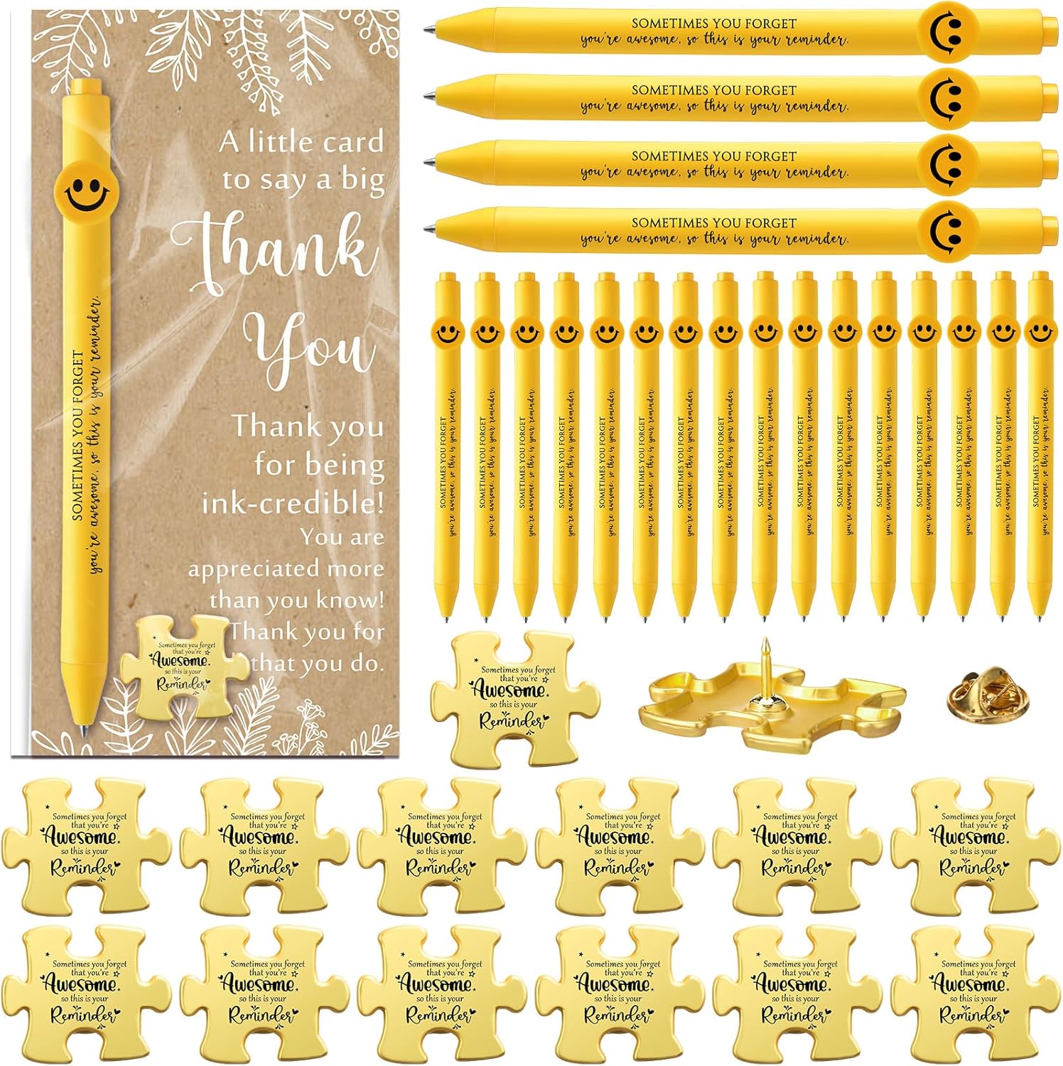 Dunzoom 40 Sets Employee Appreciation Gifts Bulk Gold Lapel Pin Inspirational Ballpoint Pen Thank You Card with Bag for Team Employee Staff Coworker