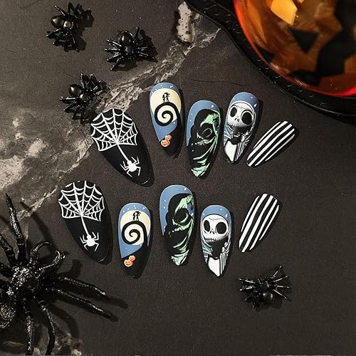 Miniatura 2 de Uñas postizas medianas a presión en forma de almendra de Halloween, con diseño de luna y fantasma, verde fantasma, líneas blancas y negras, uñas con