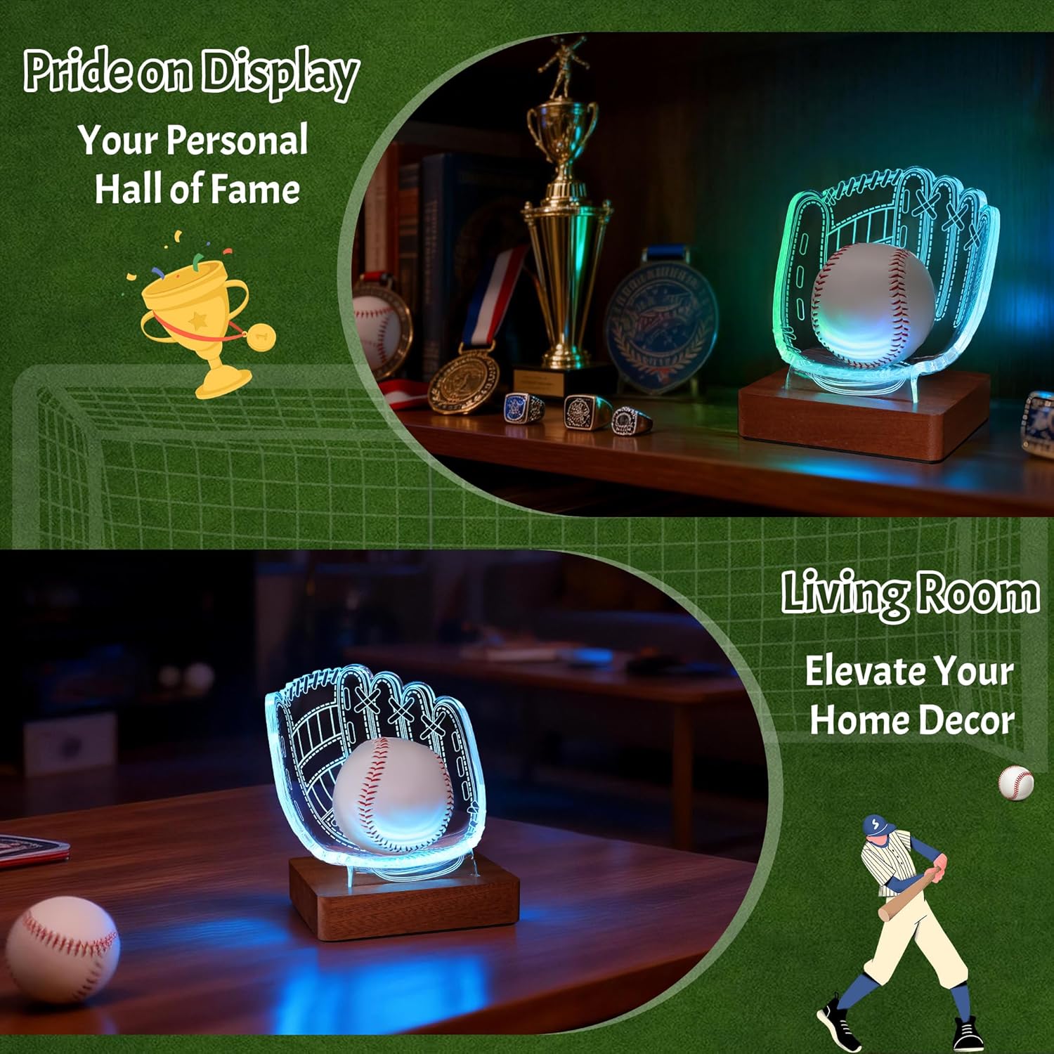 CoolGift Mart Light Up Baseball Glove Display Stand, Acrylic Wooden LED 3D Night Lamp with USB Powered, Desk Decor Lamp for Bedroom College Dorm, Gift for Baseball Players Lovers