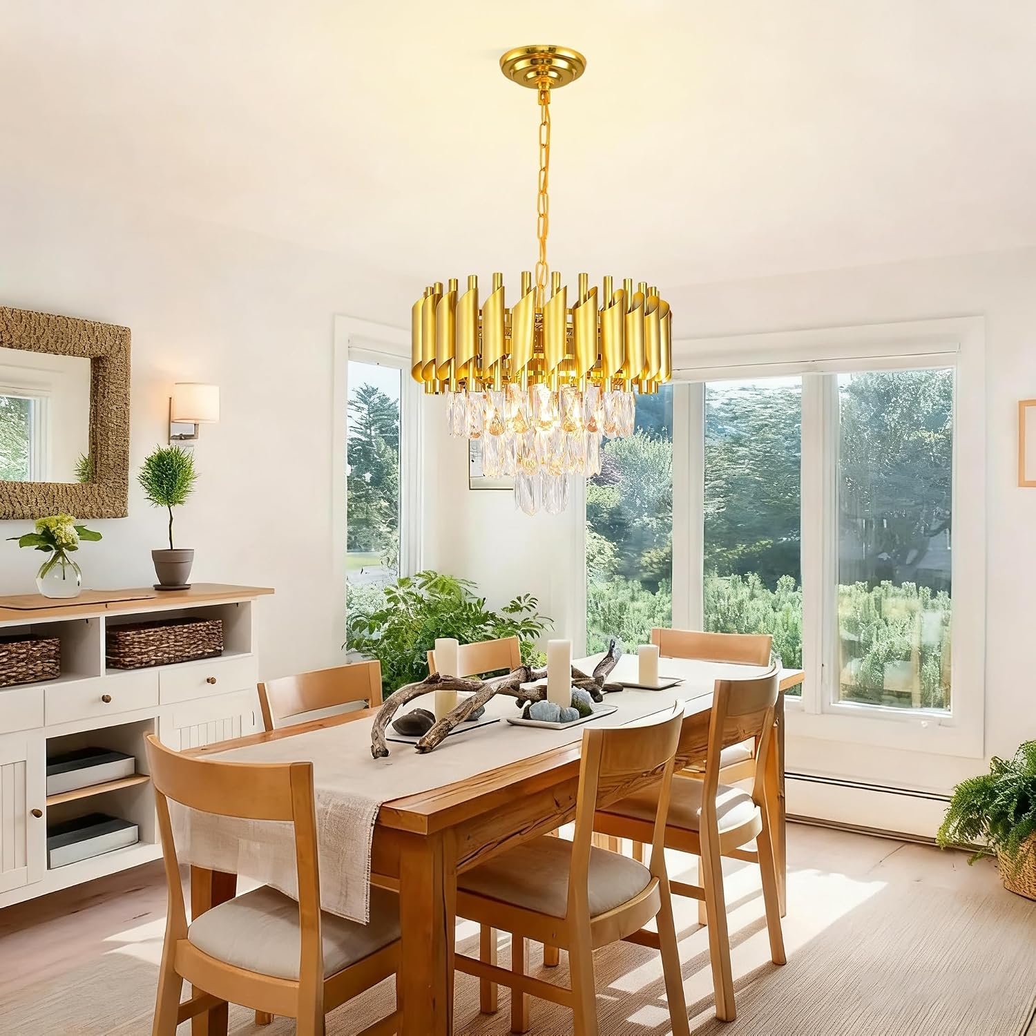Modern 16-inch Gold Crystal Chandelier, 3-Tier Dimmable Ceiling Pendant Light with Adjustable Chain, Round Flush Mount for Dining Room, Living Room, Bedroom, Kitchen, Foyer