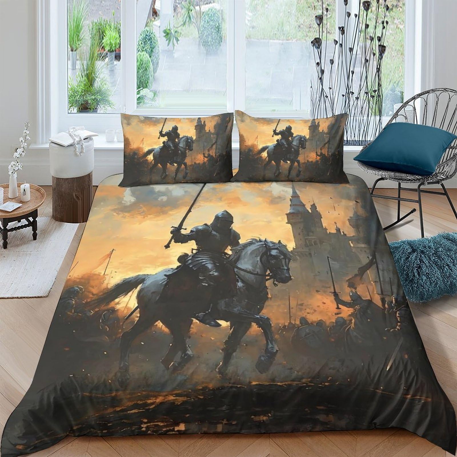 Ctjqhvkz Style-1 3D Printed Medieval Knight Fitted Sheet Microfiber Soft Breathable Castle Horse Bed Cover For Bedroom Decor Single（135X200cm）