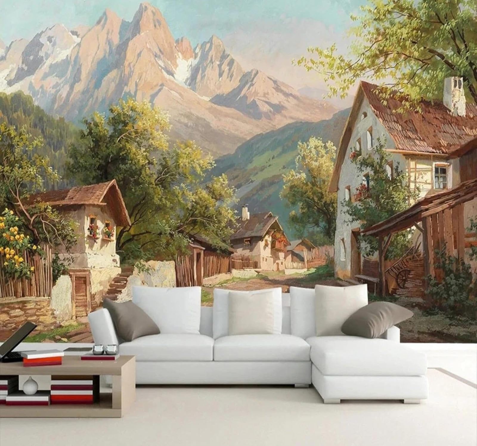 Xlming 350Cm×256Cm(B×H) Hand Drawn Mountains Houses Countryside Scenery 3D Wallpaper Luxury Home Dining Decor Paste Sofa Living Room The Wall For Bedroom Mural-350Cm×256Cm