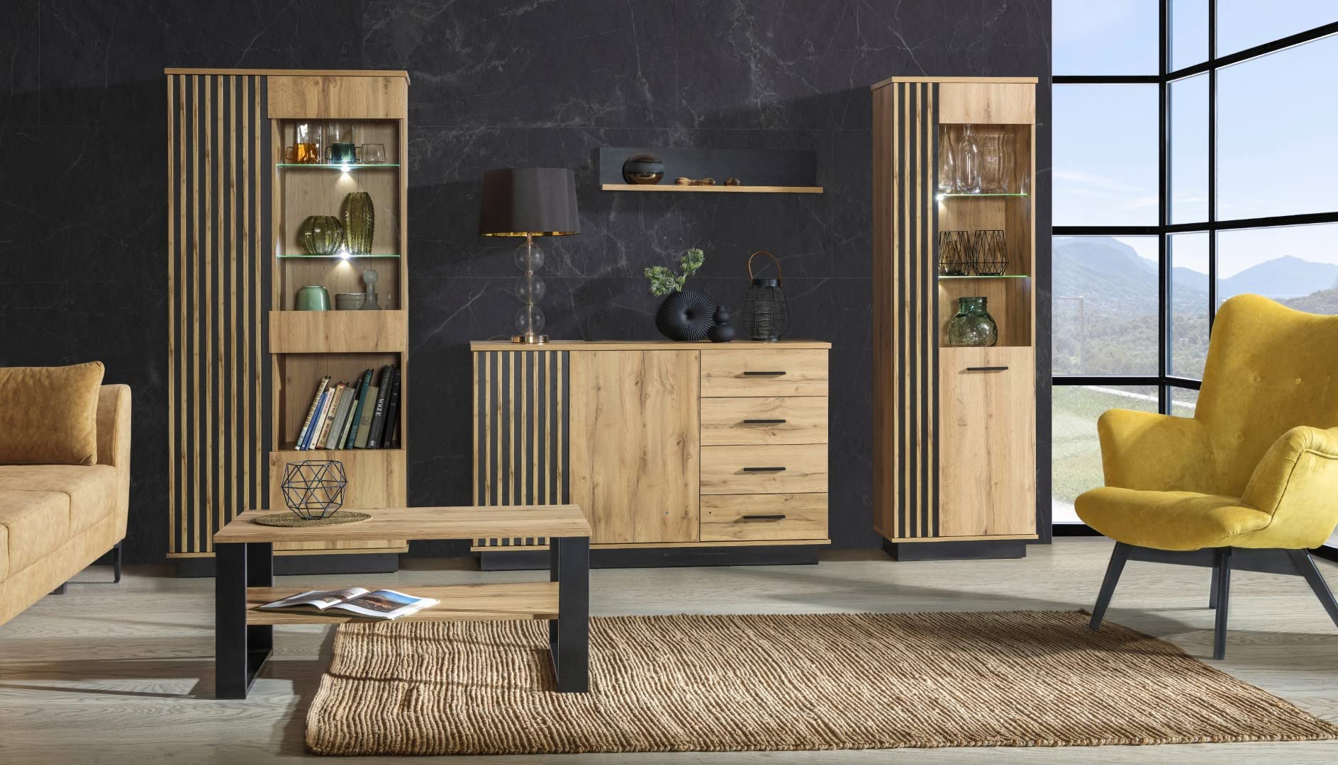 MINIO go for it - Kommode Lamia 6, Sideboard 141cm Breit mit Schubladen | Farbe: Wotan Eiche / Schwarz Matt