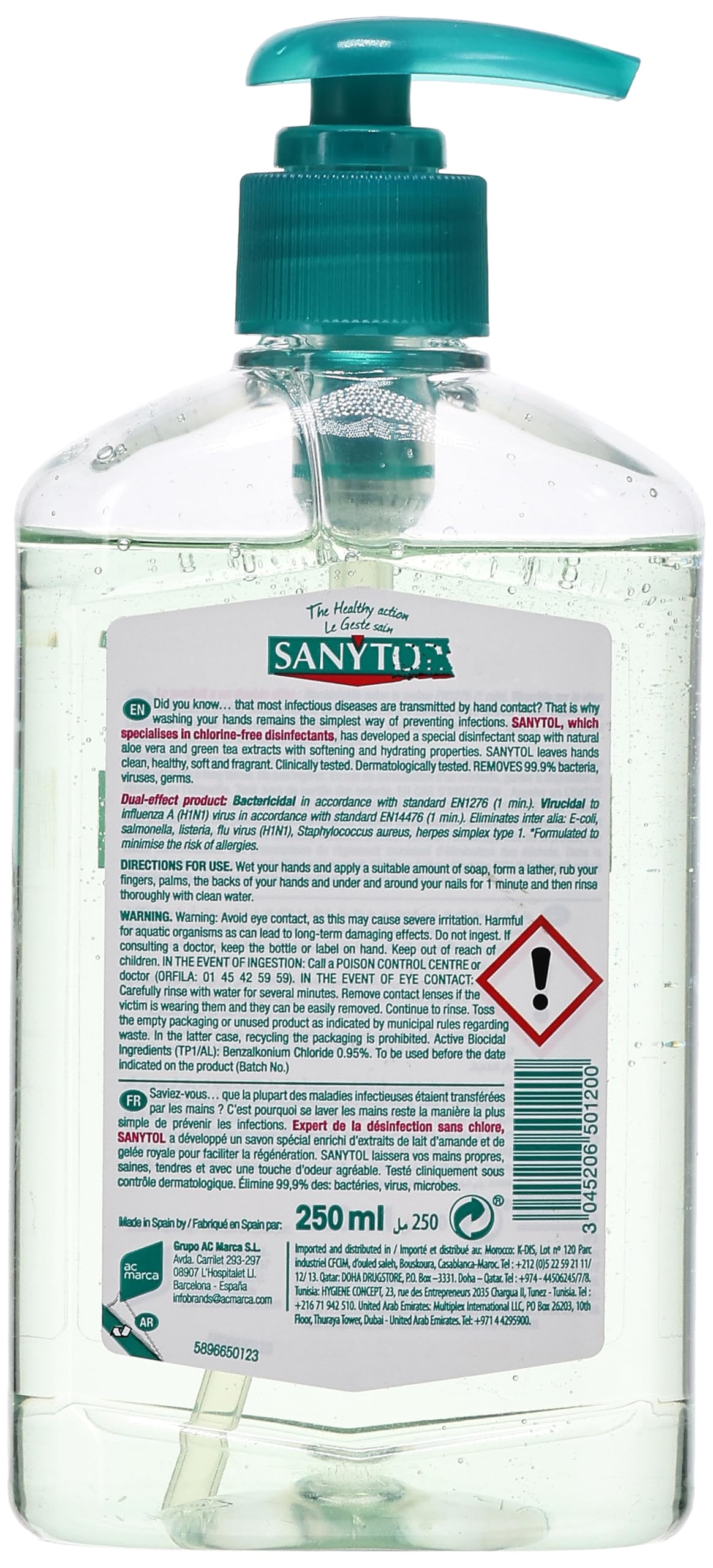 SANYTOL Gel Mano Desinfectante y Hydratant – 250 ml – Aloe Vera y Té Verde