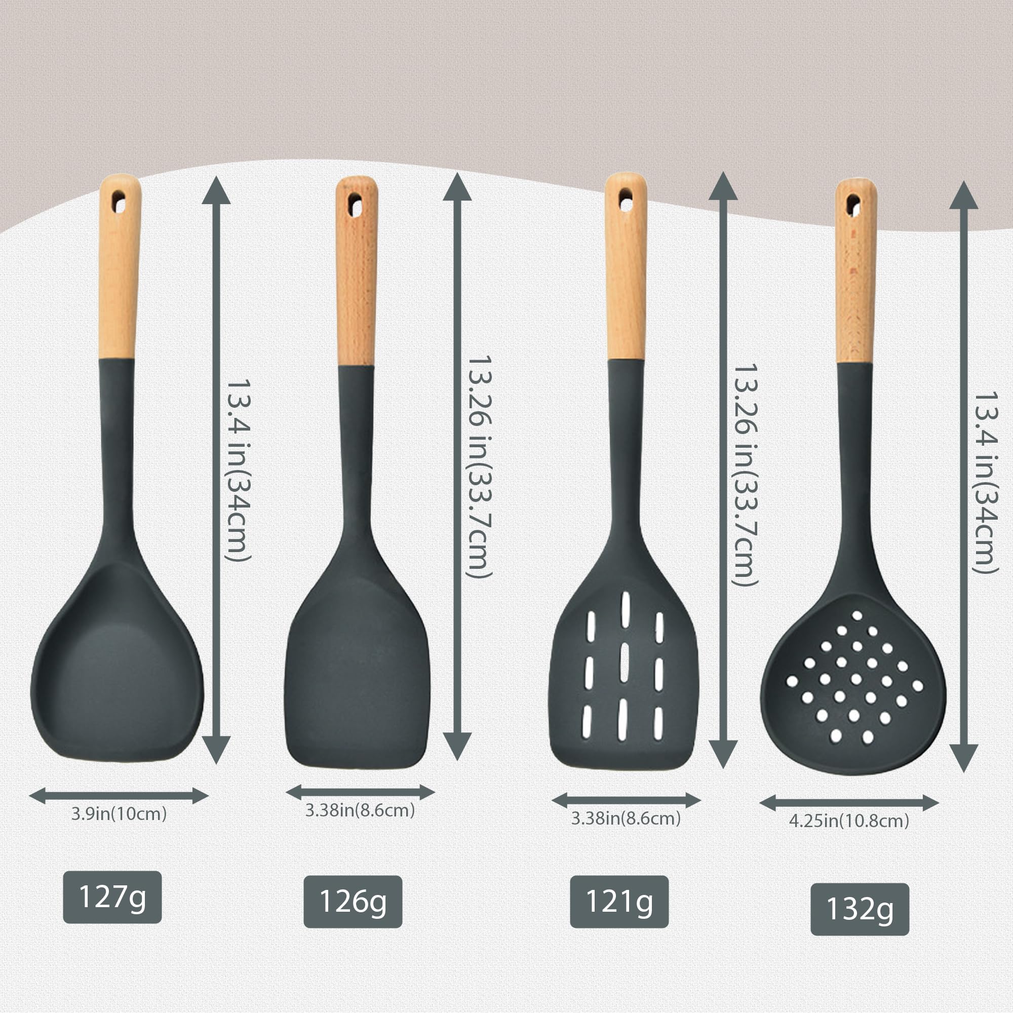 Juego de 7 utensilios de cocina con mango de madera, cabeza de silicona antiarañazos + nailon resistente al calor (cuchara ranurada, cuchara sólida, colador para pasta, espátula) para utensilios de