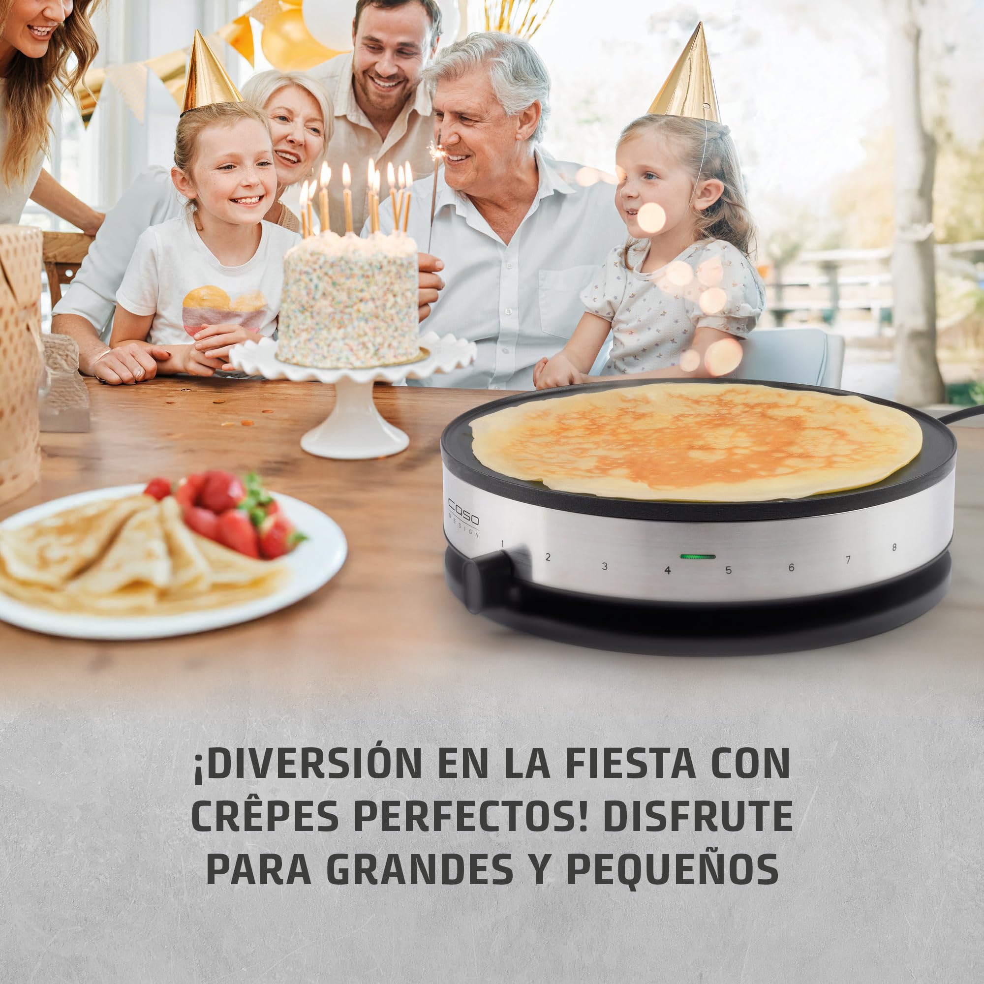 CASO CM 1300 - Crepera electrica con 1300W, Revestimiento antiadherente, Potencia regulable, 33 cm diámetro para crepes extragrandes, Incluye distribuidor de masa y espátula, acero inoxidable