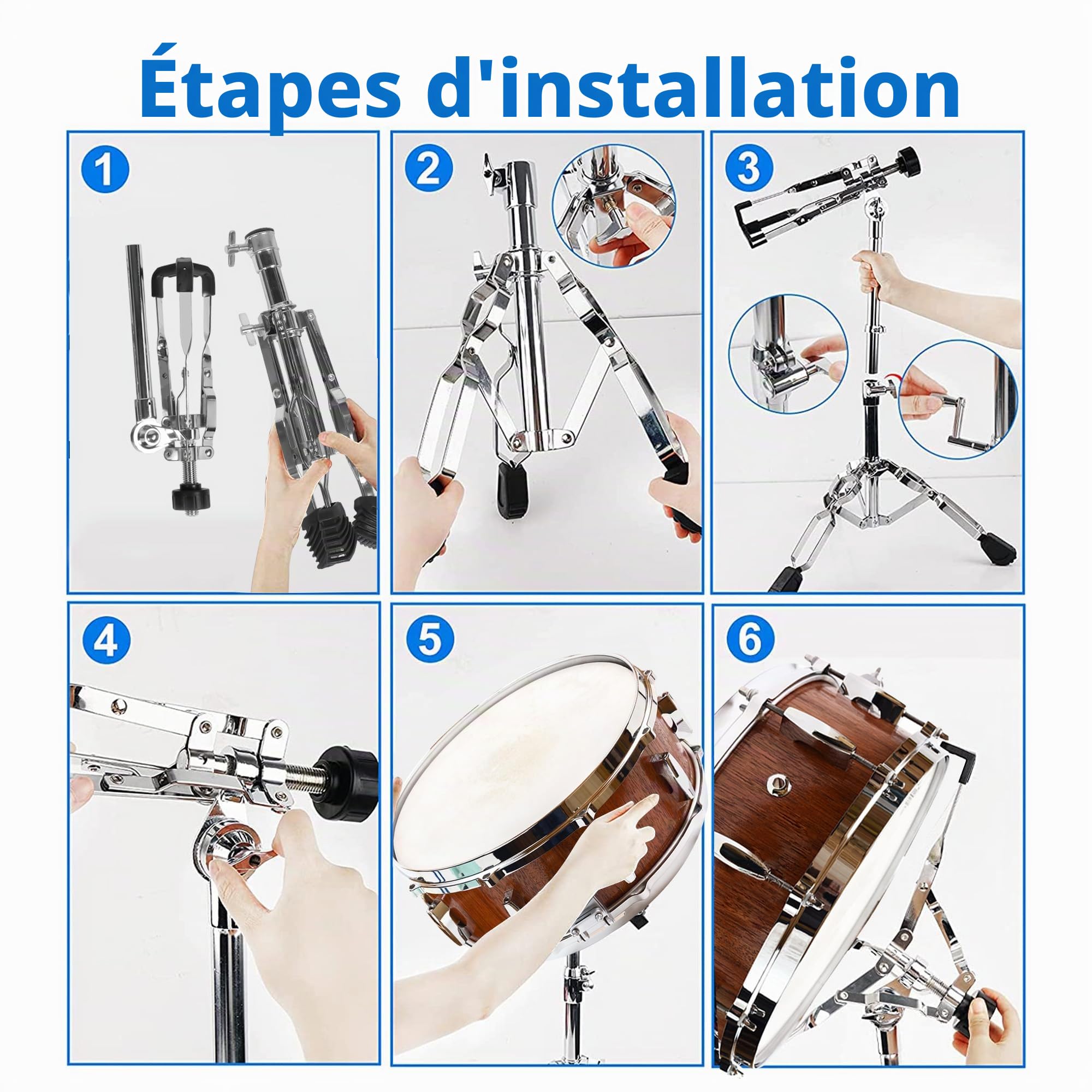 aleawol Support pour caisse claire réglable en hauteur de 40 à 55 cm, angle réglable | Support de tambour à double entretoise pour tambours à langue en acier de 25 à 38 cm