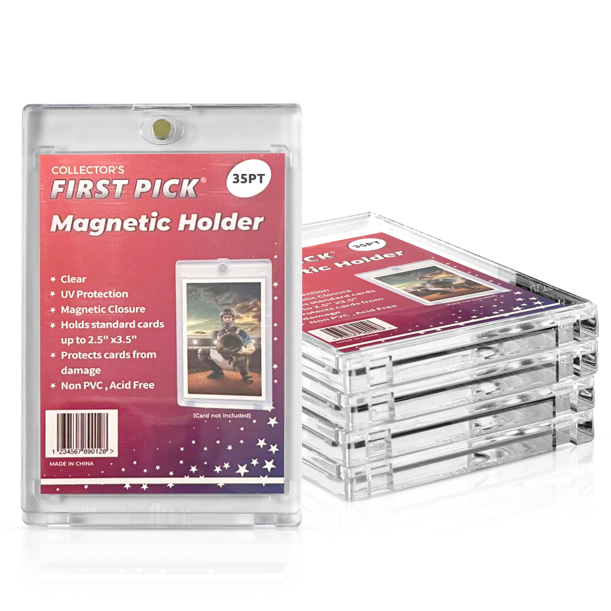 (5 Pack) 35PT Standard Size Premium One Touch Magnetic Card Holder PVC Free - UV Protection - Hard Plastic One Touch Protector for Collectible Sports Cards Acrylic Display Card Cases