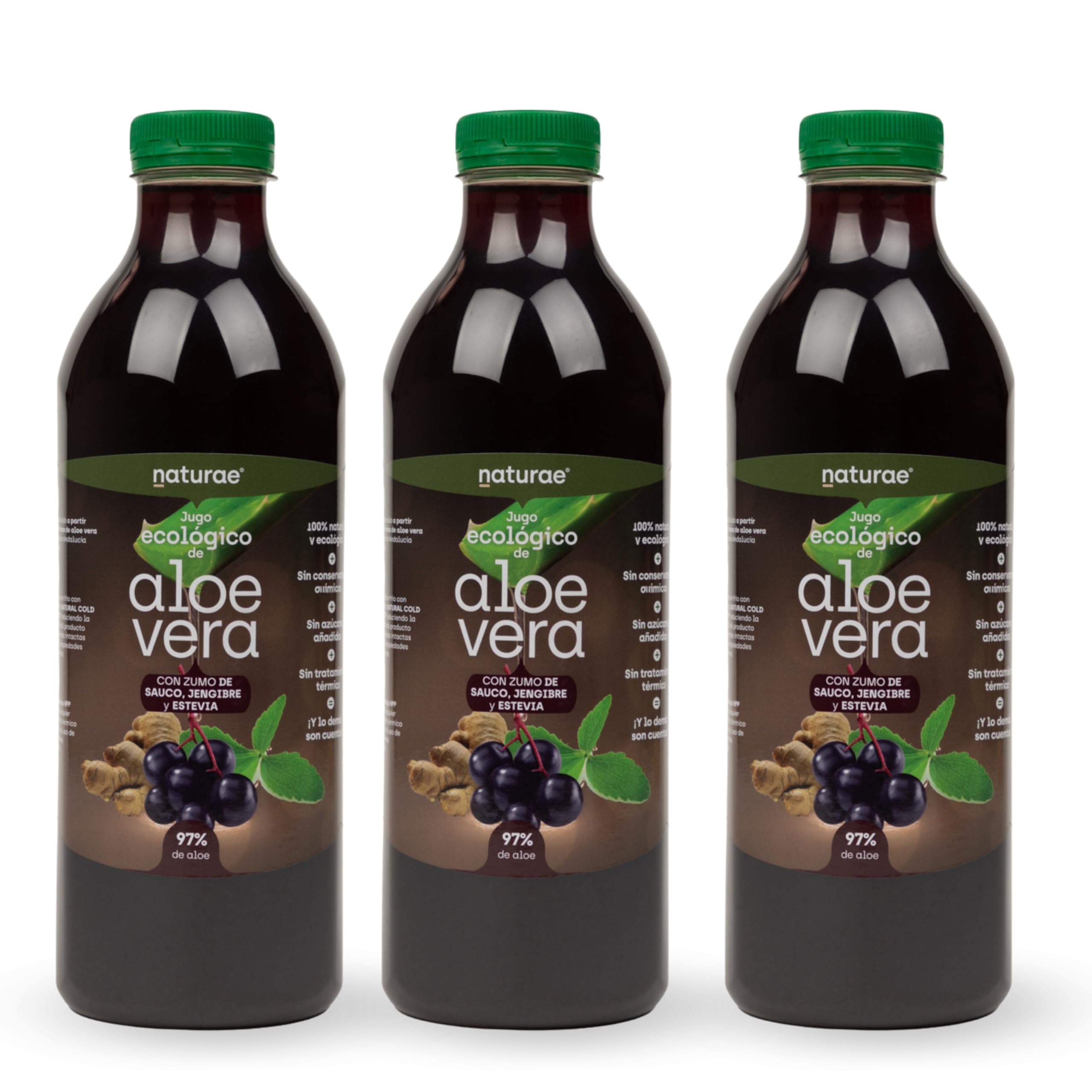 NATURAE Jugo Aloe Vera con saúco y jengibre - 3 Recipientes de 1000 ml - Total: 3000 ml