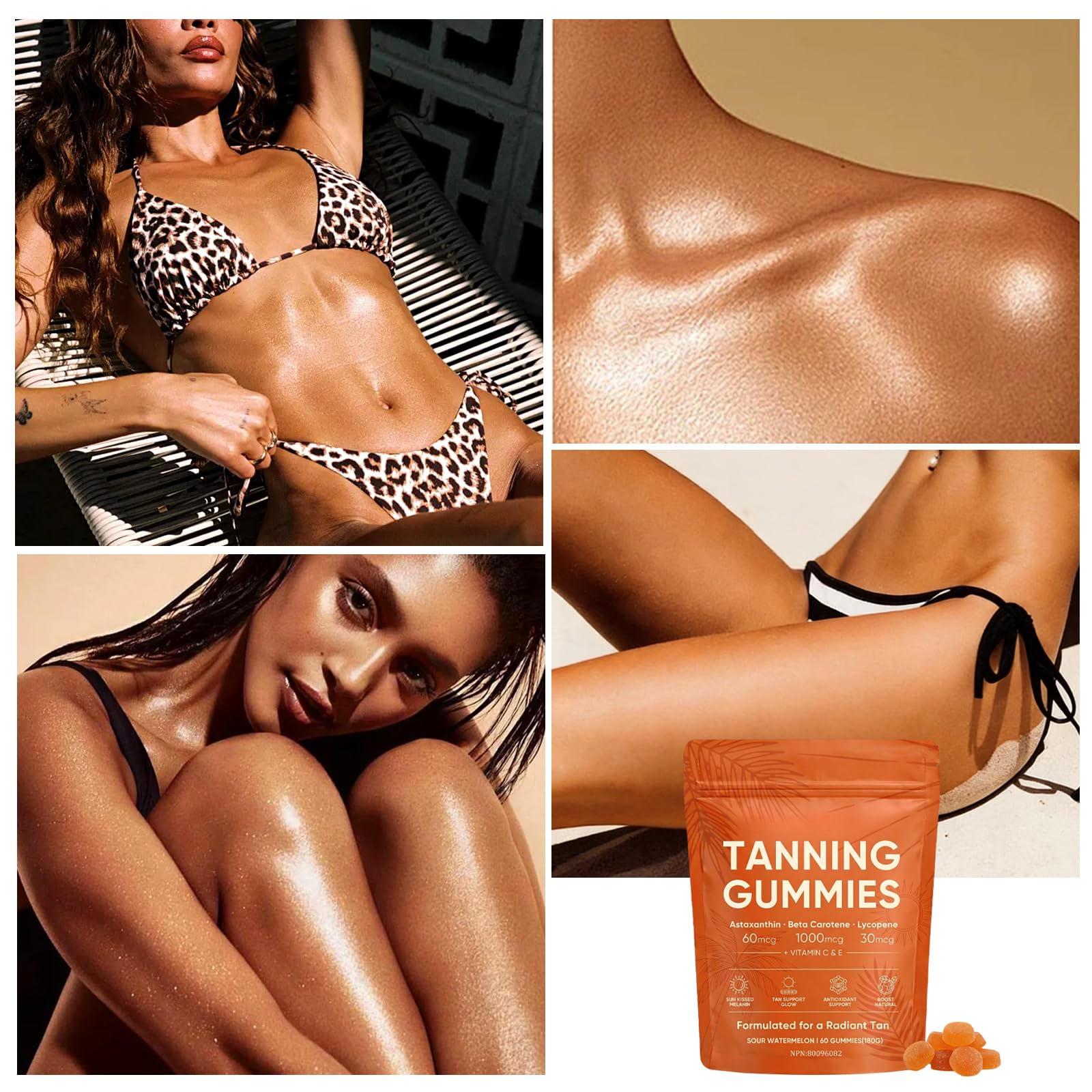 Tanning Gummies for Natural Glow – Skin Radiance Tanning Gummies with Vitamin C, E, Astaxanthin & Beta Carotene, Supports Melanin Production, Vegan, Sugar Free, 60 Count (1 PCS) — view 8