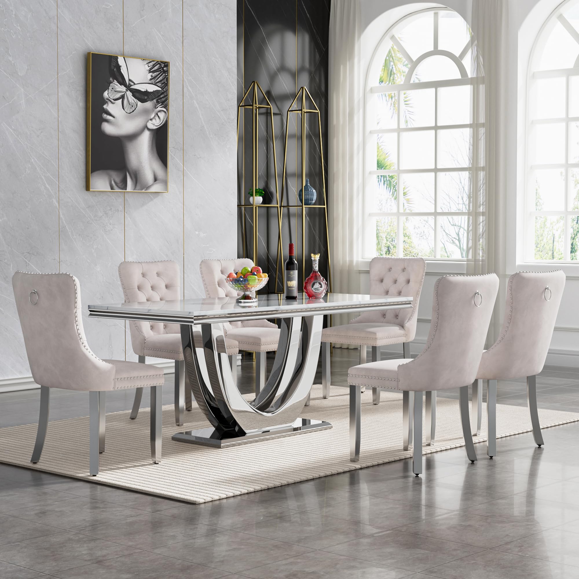 68" Marble Dining Table Set for 6, Luxury White Faux Marble Kitchen Table with 6 Beige Velvet Dining Chairs Modern 7-Piece Dining Room Table Set for 6 w/Silver Stainless Steel Base