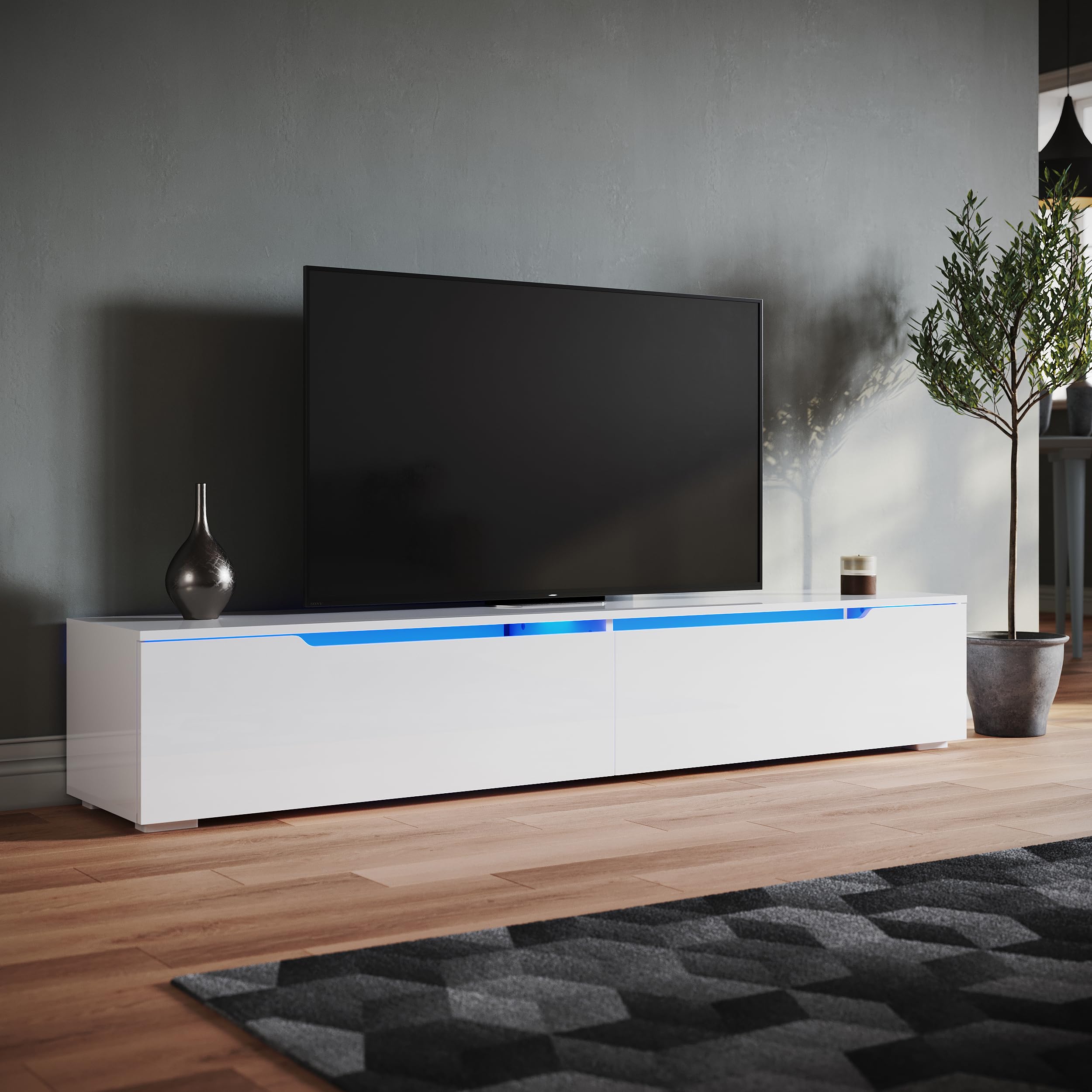 SONNI Mueble TV con Luz LED Regulables de 12 Colores,Mueble de Salón Blanco 180x35x30cm