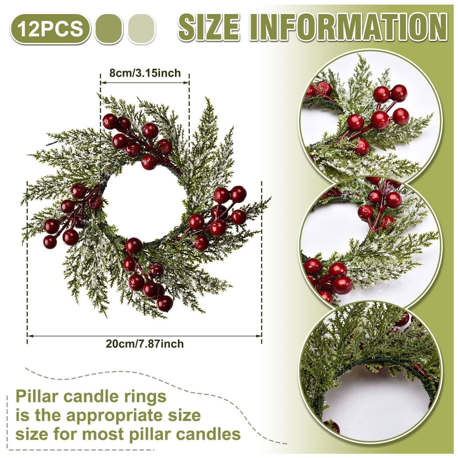 Christmas Candle Rings Artificial Red Berries and Pinecones Candle Rings Wreaths Decor Candle Rings for Pillars Rustic Wedding Centerpiece Christmas Table Decoration for Front Door (12 Pieces)