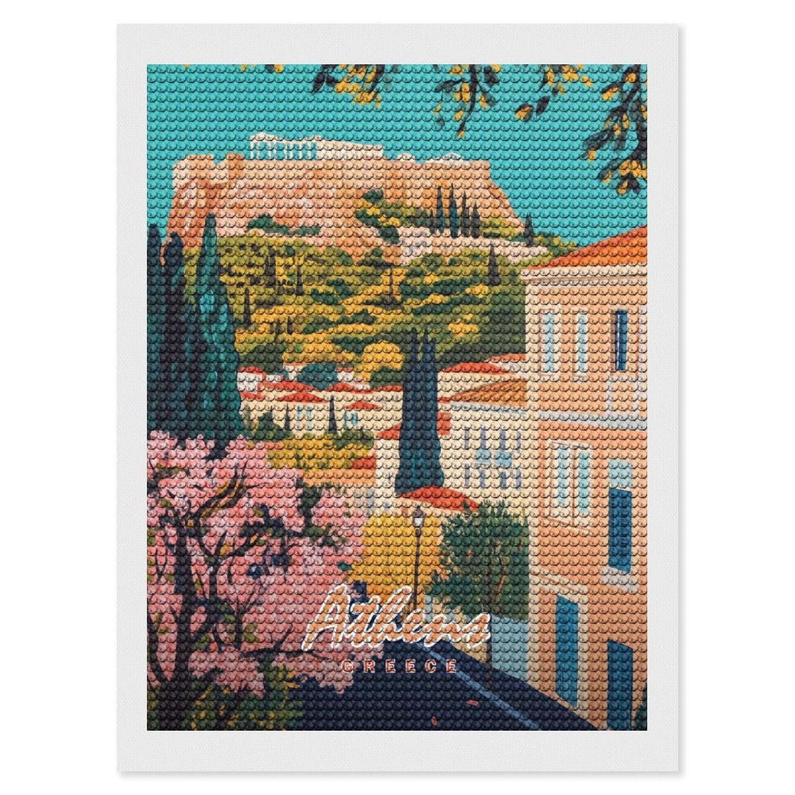Junmoney Athens, Greece Painting Diamond Art Canvas 12"x16", for Teens, Nice Detail and Sparkle, Farmhouse Decor, Festive Craft Gift, Easy to Enjoy