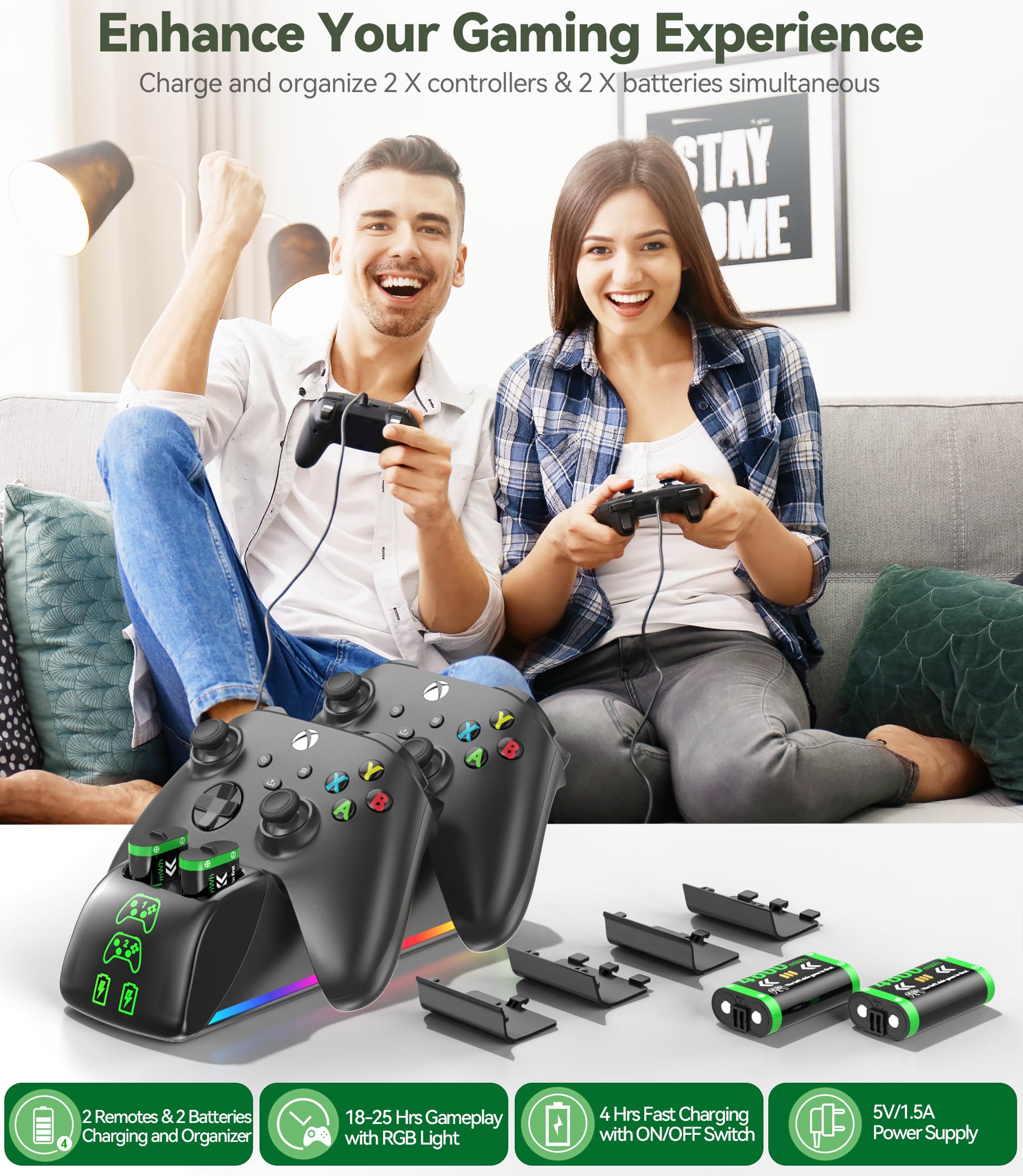 Stacja ładująca kontrolera Xbox z 4 x 5520 mWh akumulatorami do Xbox Series/One X|S, podwójna stacja ładująca RGB Xbox z kontrolerem X, akcesoria do kontrolerów gier