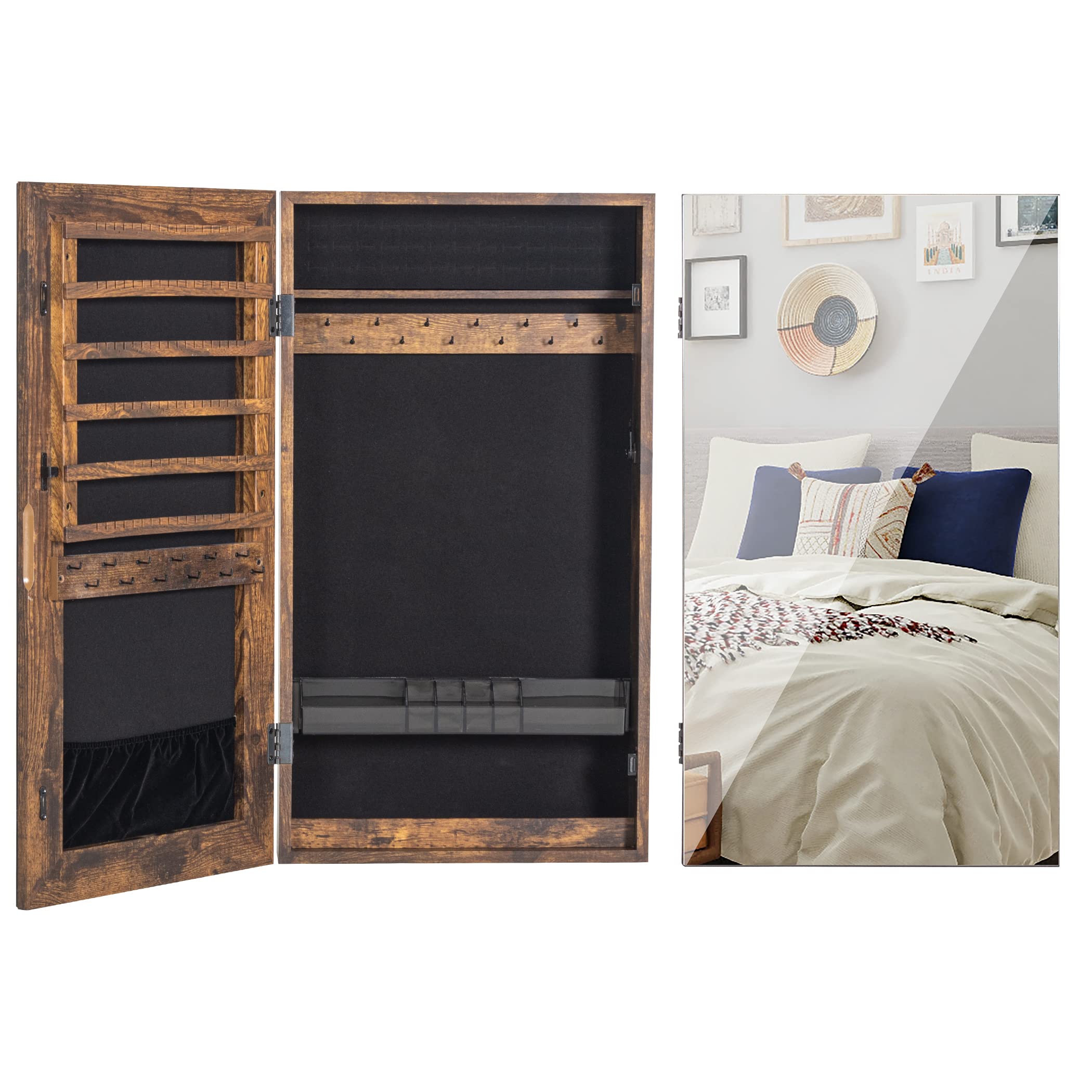 Wall-Mount Jewelry Cabinet With Frameless Mirror - Lockable, Lots Of Storage For Earrings, Necklaces, Rings