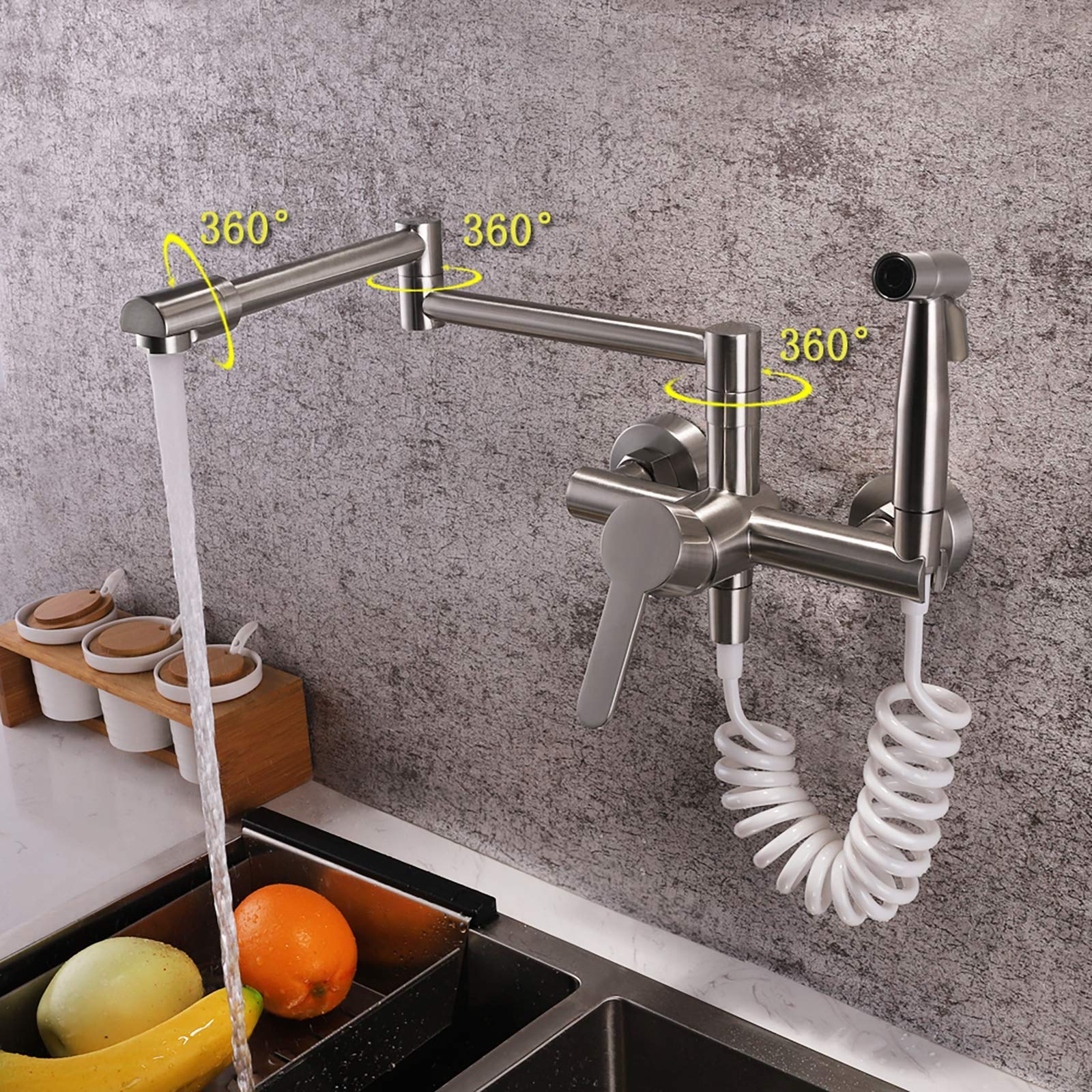 Rubinetto da Cucina Pieghevole in Ottone Rubinetto da Cucina a Parete Rubinetto da Cucina con Acqua Calda e Fredda Rubinetto a Braccio oscillante a Doppio snodo con Spray palmare,s