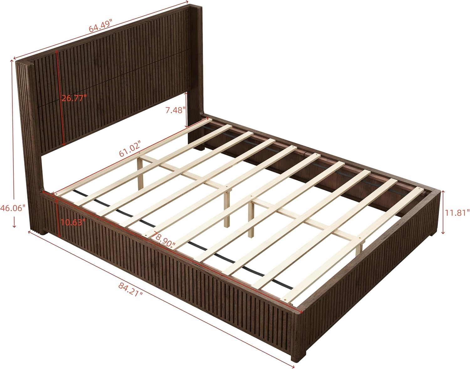 Fluted Queen Size Bed Frame with High Wingback Headboard, Mid Century Modern Wooden Platform Bed Frame, Retro Bedframe with Fluted Design, No Box Spring Needed, Easy Assembly, Walnut