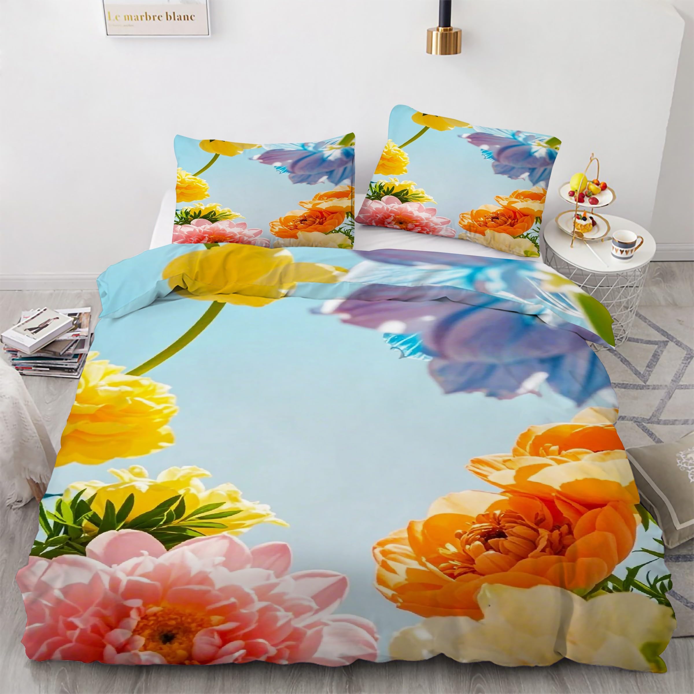 Parure de lit fleurs 90x190 avec housse de couette lit 1 place et taies d'oreiller en microfibre