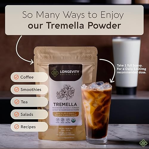 Miniatura 6 de Longevity Botanicals Extracto de hongo tremella orgánico en polvo 3.53 oz  Proporción concentrada 101, cuerpos 100% fructíferos  Suplemento de