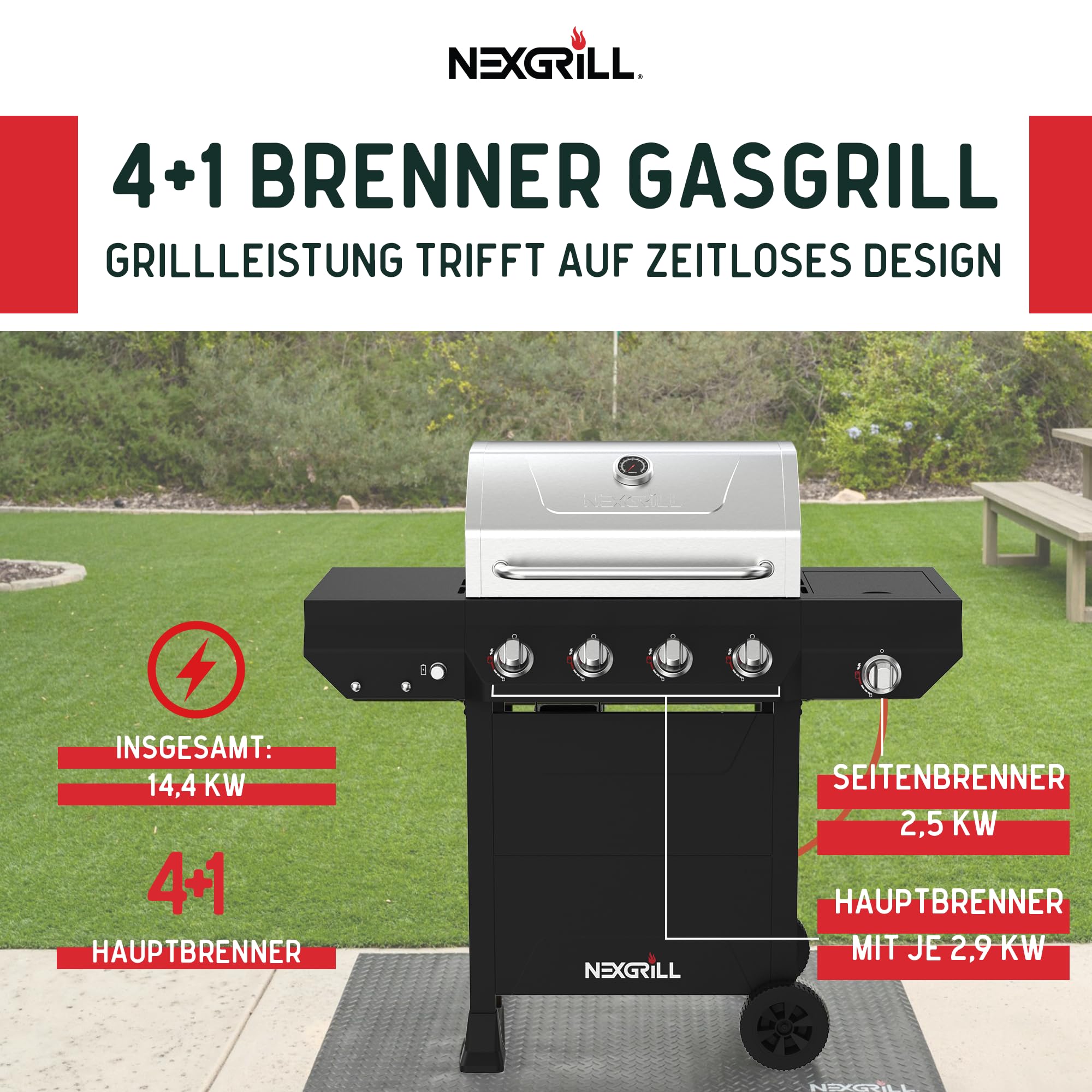 Nexgrill Classic 4-Brenner Gasgrill mit Seitenbrenner – Premium Edelstahl Gas grill mit porzellanbeschichteten Gusseisenrosten, Even-Heat-System – Garten, Balkon & BBQ-Events