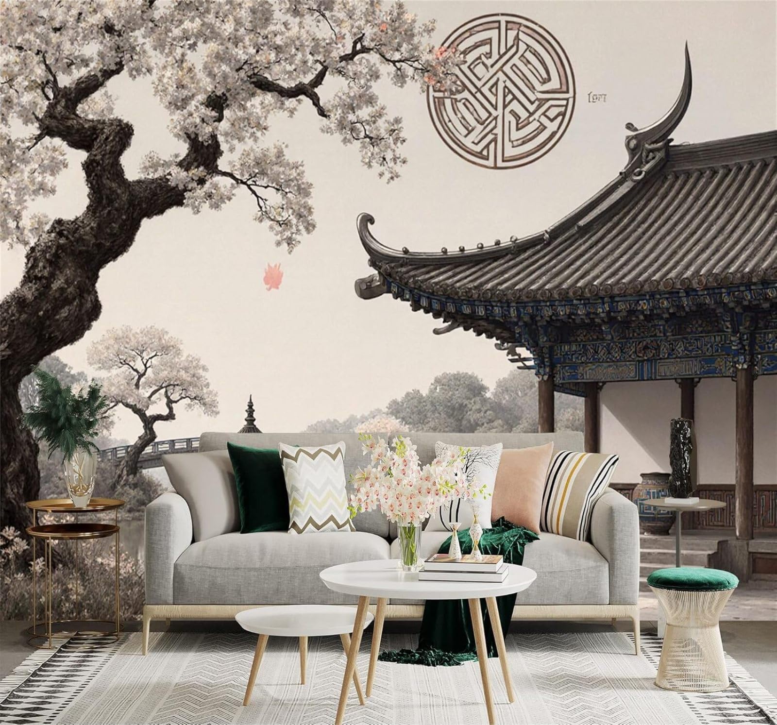 XLMING Vintage Classical Architecture Cherry Blossoms By The Lake River 3D Wallpaper Silky Texture Home Study Office Grey Dining Room Sofa Bedroom Living Room TV Backdrop-430cm×300cm