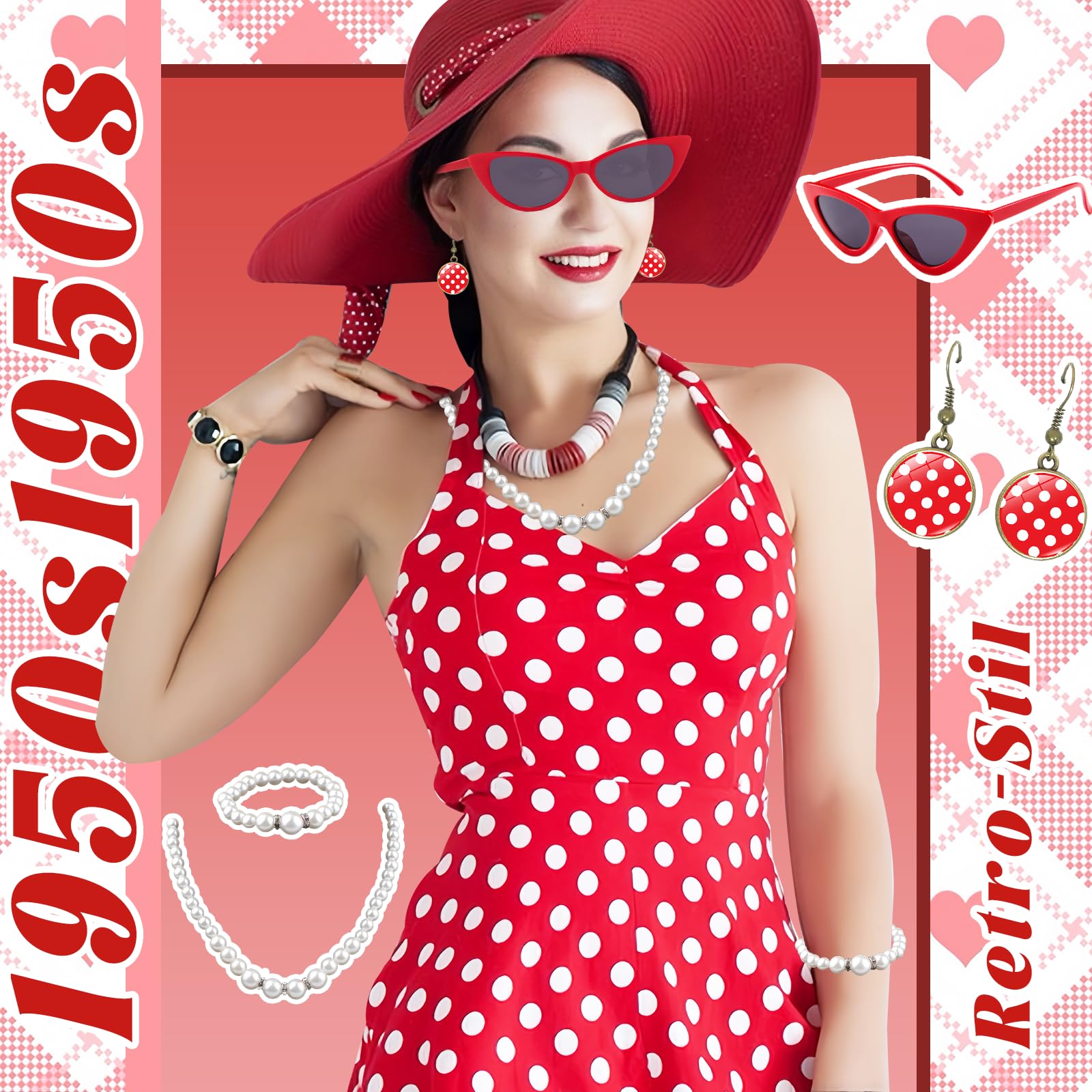 Grantop Akcesoria damskie w stylu lat 50. XX wieku, 12-częściowy zestaw akcesoriów damskich w stylu rockabilly, w stylu retro, akcesoria do kostiumu z szyfonu, szalik, rękawiczki, opaska na czoło