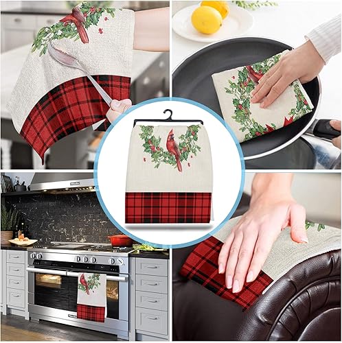 Miniatura 4 de Toallas de cocina de 16 x 24 pulgadas, diseño de corona de cuadros rojos y negros, diseño de pájaro cardenal, algodón de Navidad, absorbente de