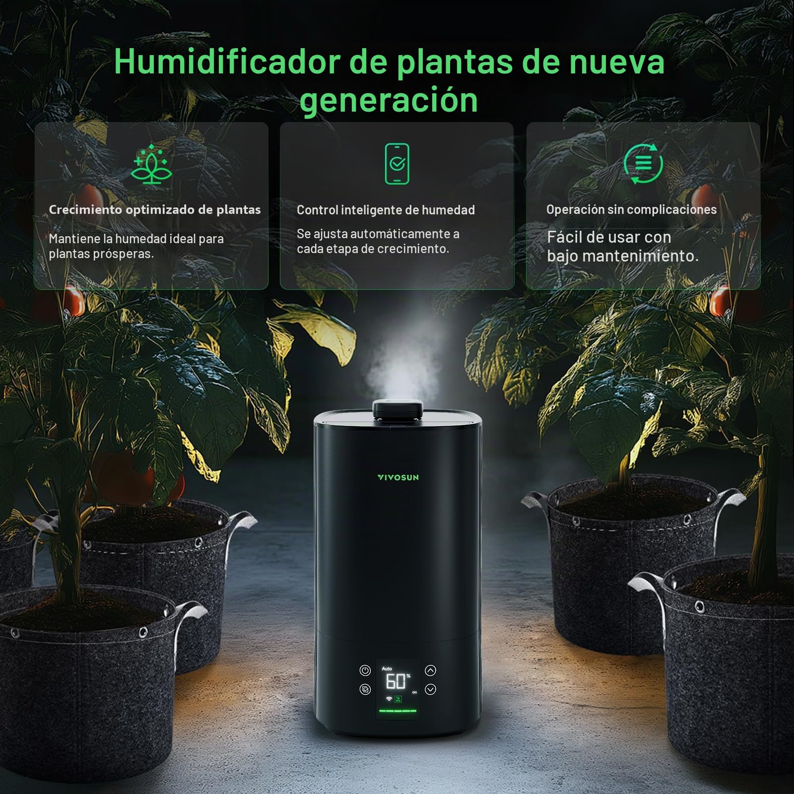 VIVOSUN AeroStream H05 Humidificador para Plantas 5L Smart 24 dB Silencioso Niebla Fría 360° 50H Ultrasonidos