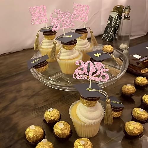 Miniatura 7 de Paquete de 30 adornos para cupcakes temáticos de graduación 2025 con purpurina para la clase de 2025 para cupcakes, tapas de graduación,