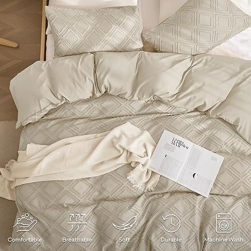 Miniatura 3 de JELLYMONI Juego de funda de edredón gris crema, talla individual, 3 piezas, microfibra, estilo capitoné, texturado, bohemio, patrón geométrico de