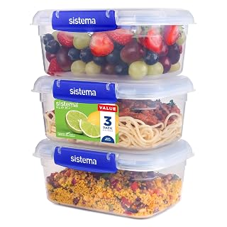 Sistema KLIP IT PLUS Leakproof Food Storage Containers | 1 L | Airtight, Stackable & Nestable Meal Prep Containers with Lids | School Lunch Boxes | 3 Count - Amazon product rated Grade A