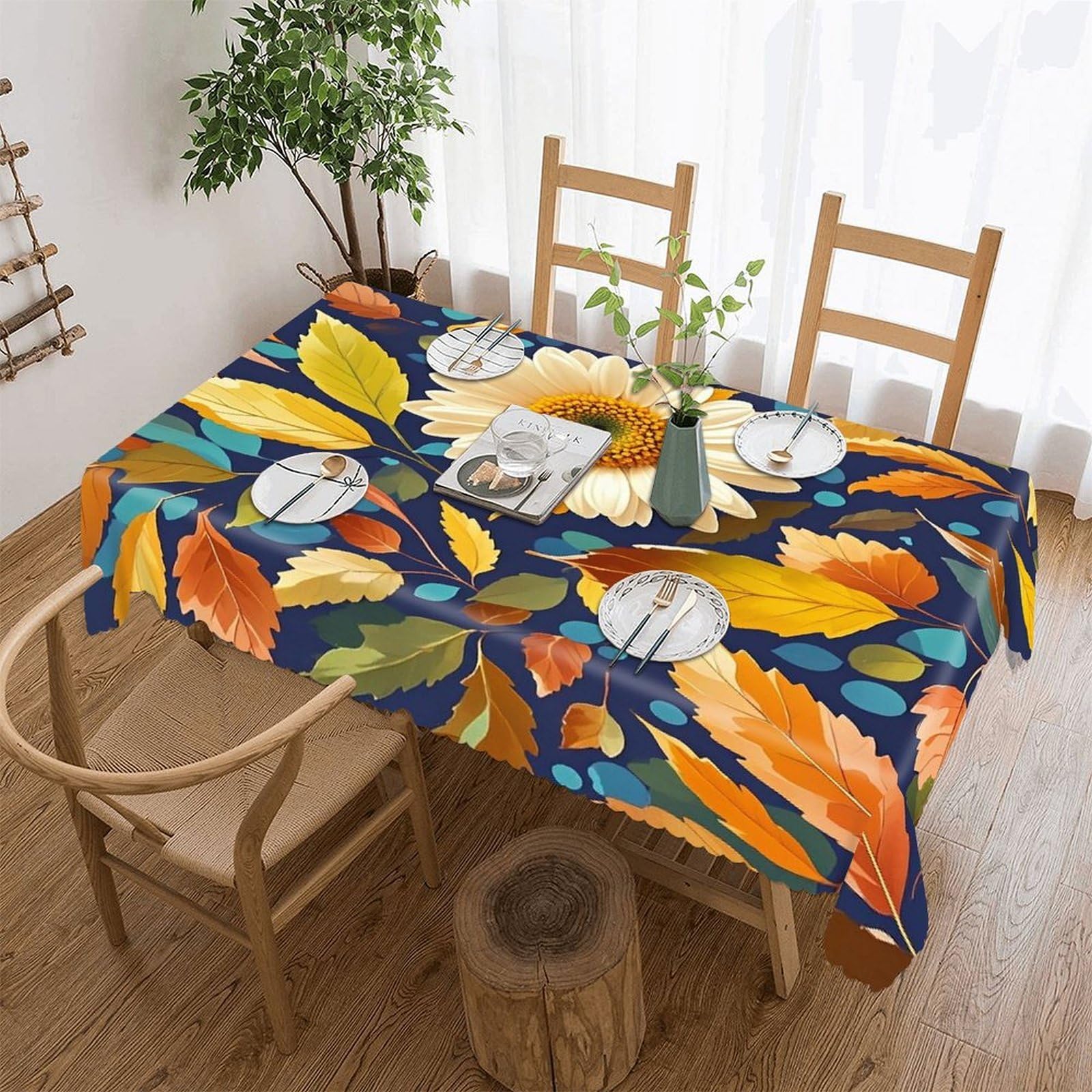 Leaves And Flowers Tablecloth Rectangle Table Cloth Decorative Fabric Table Cover Waterproof Seasonal Table Cover Wrinkle Resistant Washable Table Cloth for Party Picnic Dinner Decor 60"x120"