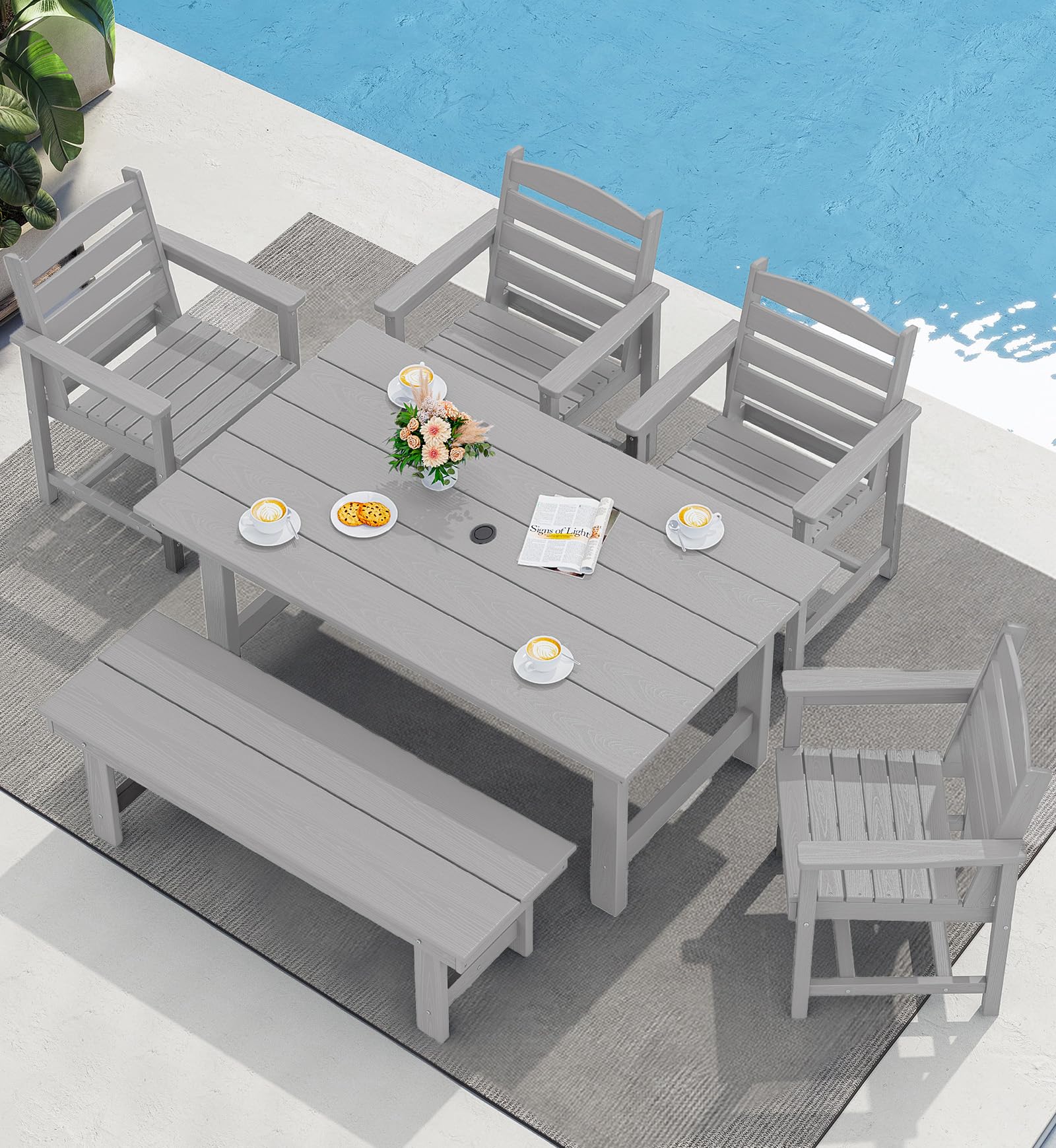 SERWALL 6 Pcs HDPE Dining Set, 1 Table, 1 Bench &amp; 4 Chairs, Light Gray | Outdoor Dining Set with Bench, All-Weather Resistant SERWALL Dining Set for patio