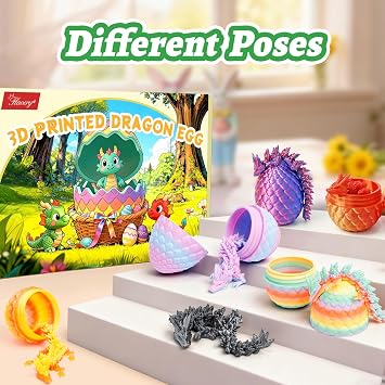 3D Printed Dragon Eggs - 24 PCS, Mini Easter Basket Stuffers, Flexible Dragon Inside, Cute Christmas, Birthday Gift, Collectibles for Adults&Teens,3D Print Animals, Cute Desk Pets (Multicolor)