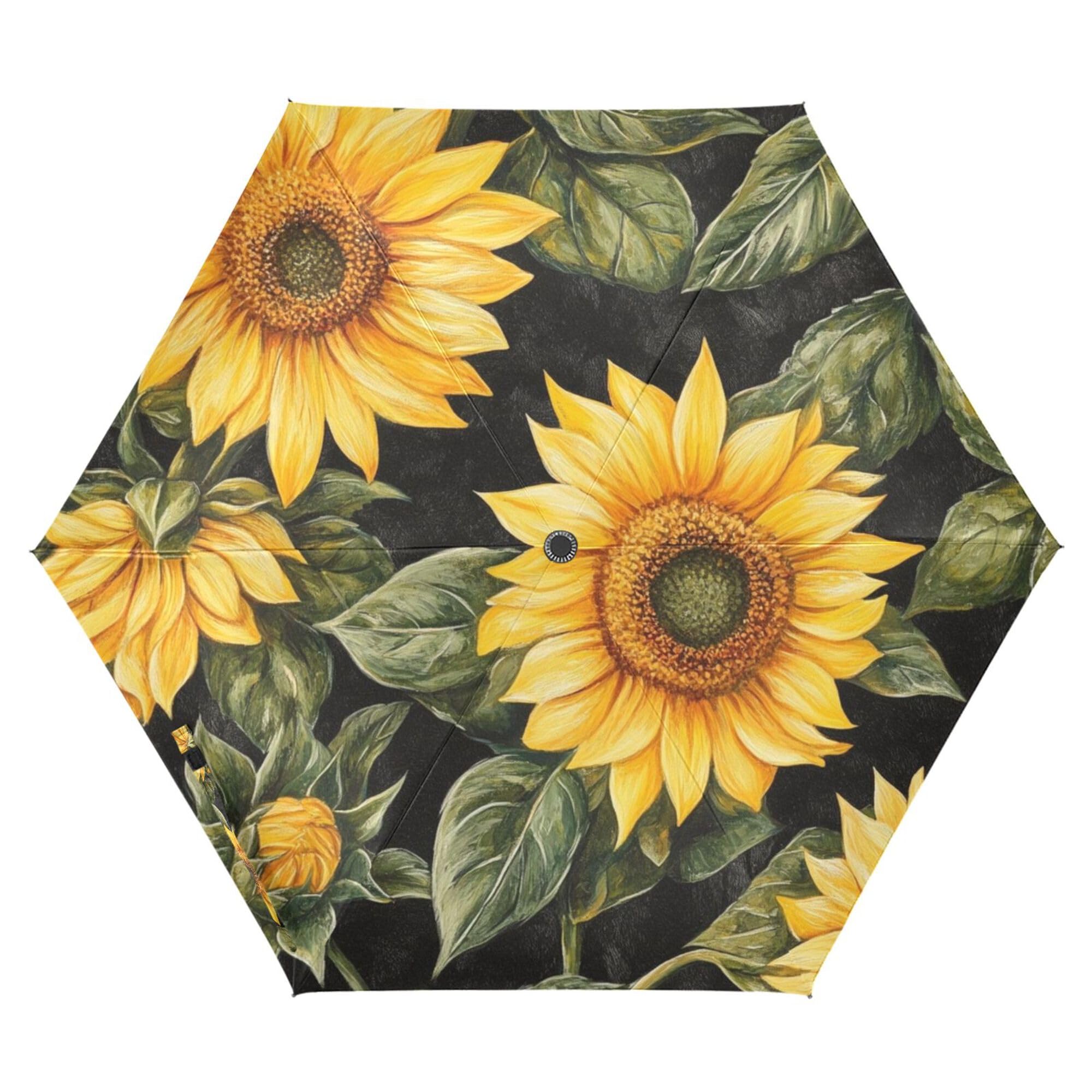 JUNZAN Cartoon Sunflowers Travel Umbrellas 39 Inch Spf 50+ Automatic Open Close Mini Umbrella for Men Outdoor Defence Accessories