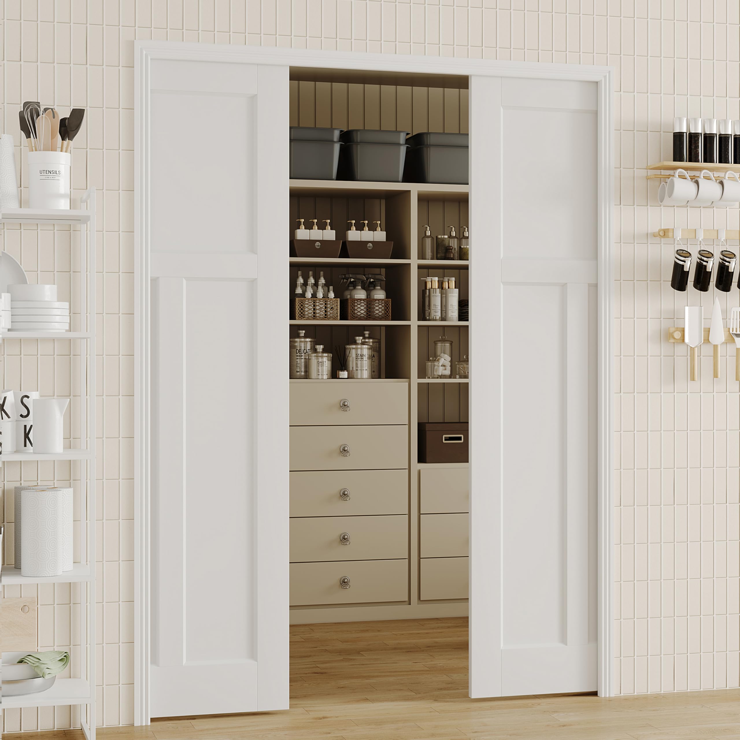 Sliding Pocket Door, 56"(2 x 28) x 80", T-Shaped Core with Frame and Hardware Kit Set, Interior Doors for Pocket Door, White Primed - No Panel Assembly Required