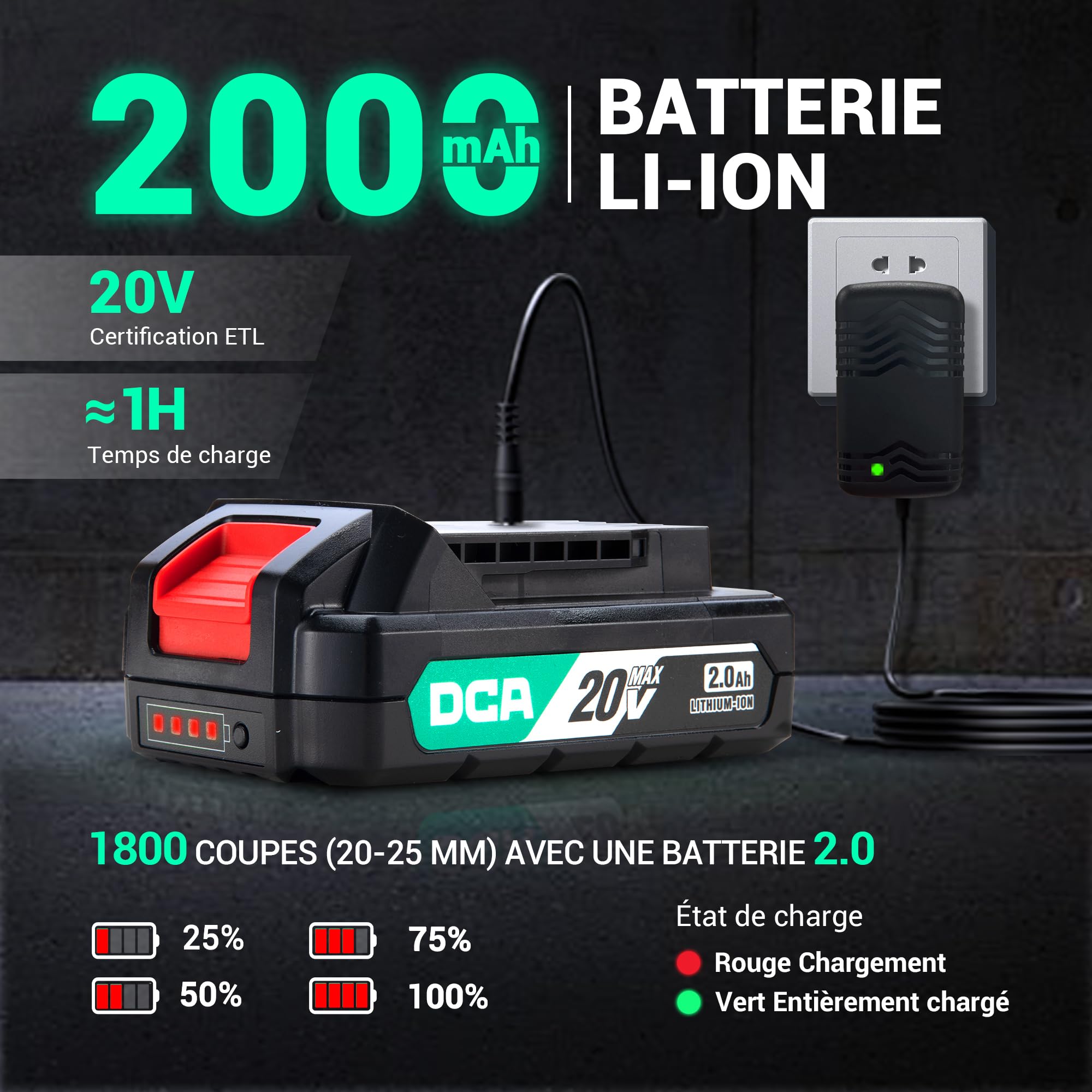 DCA Sécateur Électrique Sans fil 20V, max 35mm Secateur Electrique Moteur Sans Balais avec batterie 2,0Ah, lame SK5 avec étui de sécurité portable pour la taille jardinage vignoble arbres fruitiers