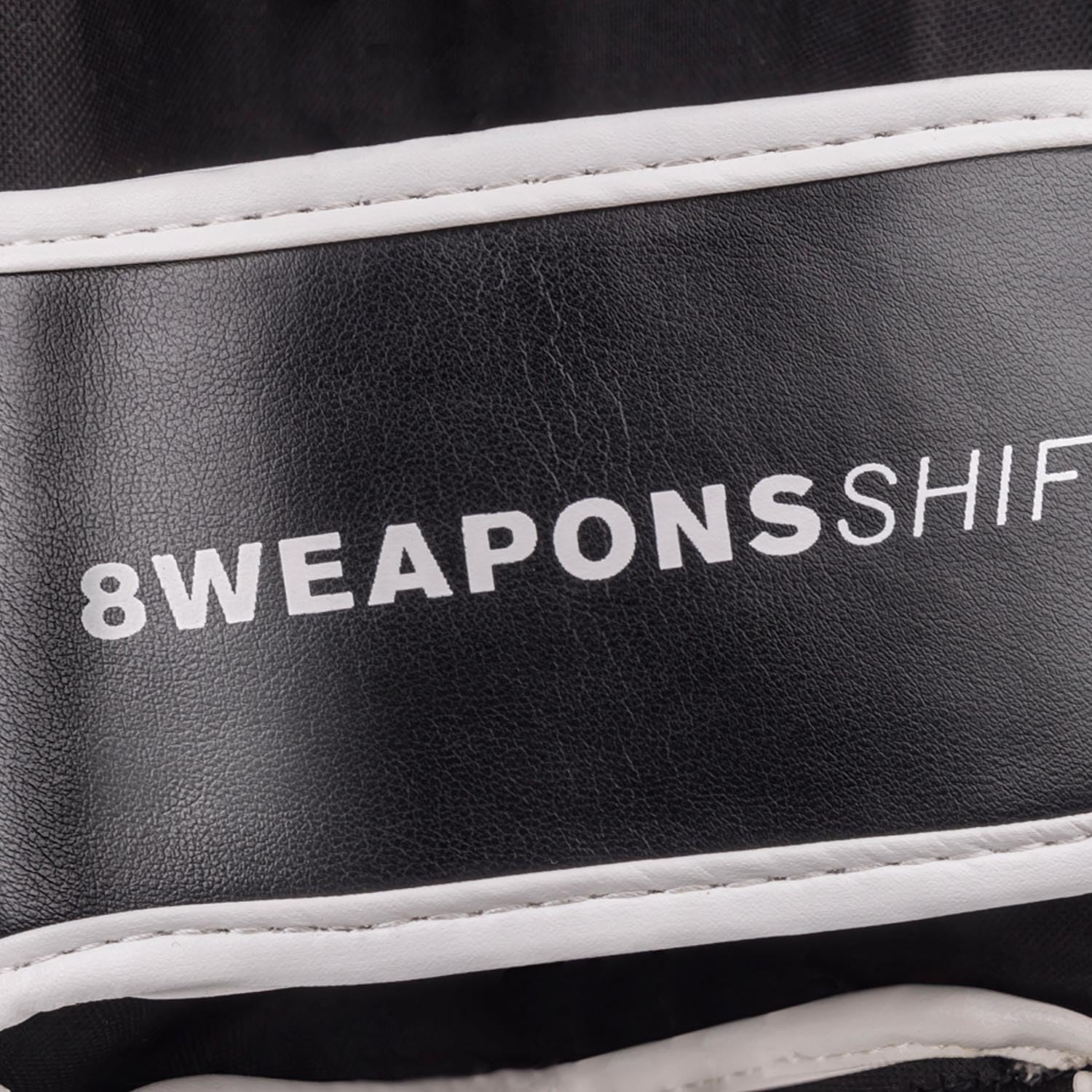 8 WEAPONS Espinilleras Shift, color blanco y negro, entrenamiento y competición, piel sintética de alta calidad y amortiguación perfecta, Muay Thai, K1, MMA, karate y kickboxing