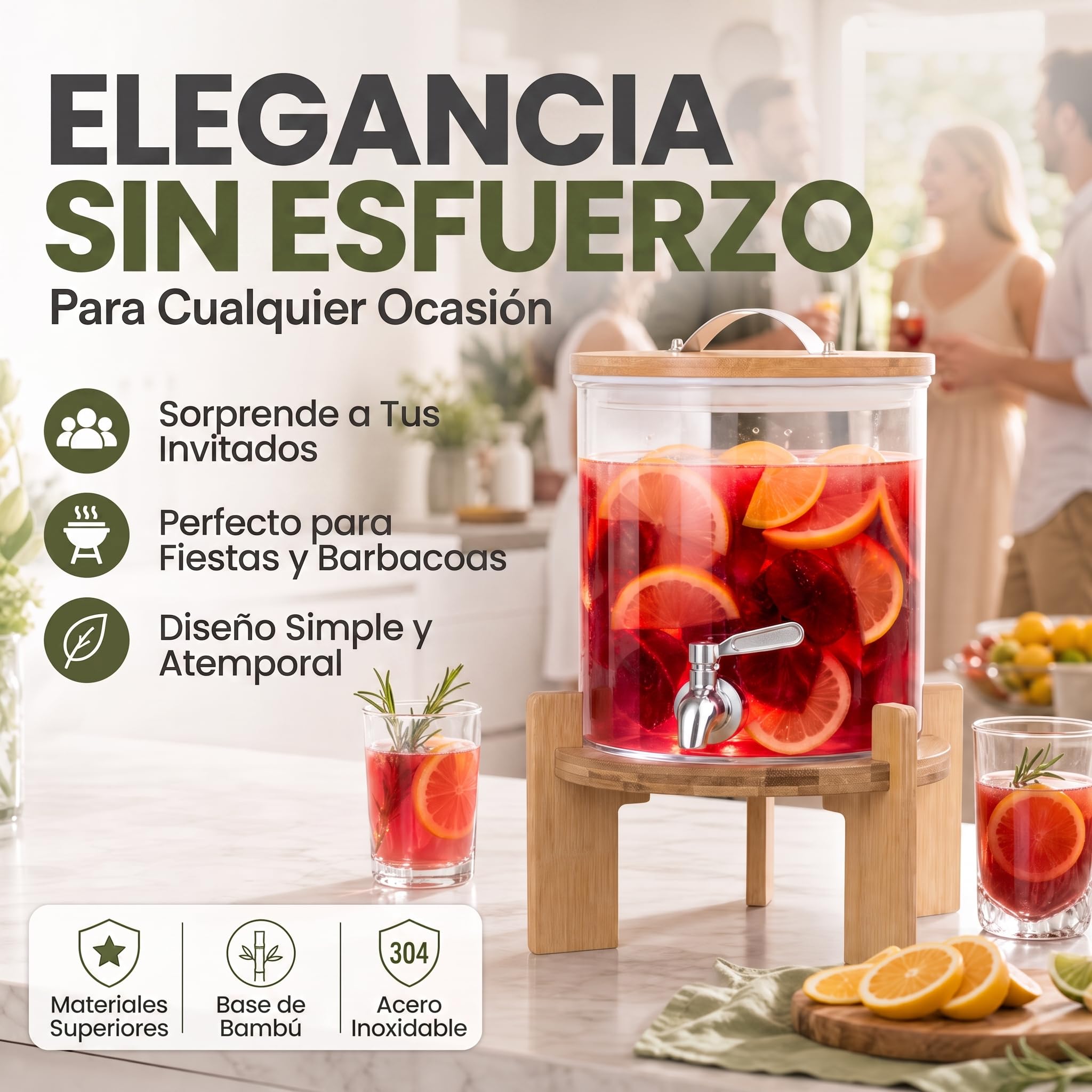 Dispensador de bebidas con grifo antigoteo de acero inoxidable Dispensador de agua de vidrio con soporte y tapa de bambú Dispensador de limonada de vidrio borosilicato resistente al calor (5 litros)
