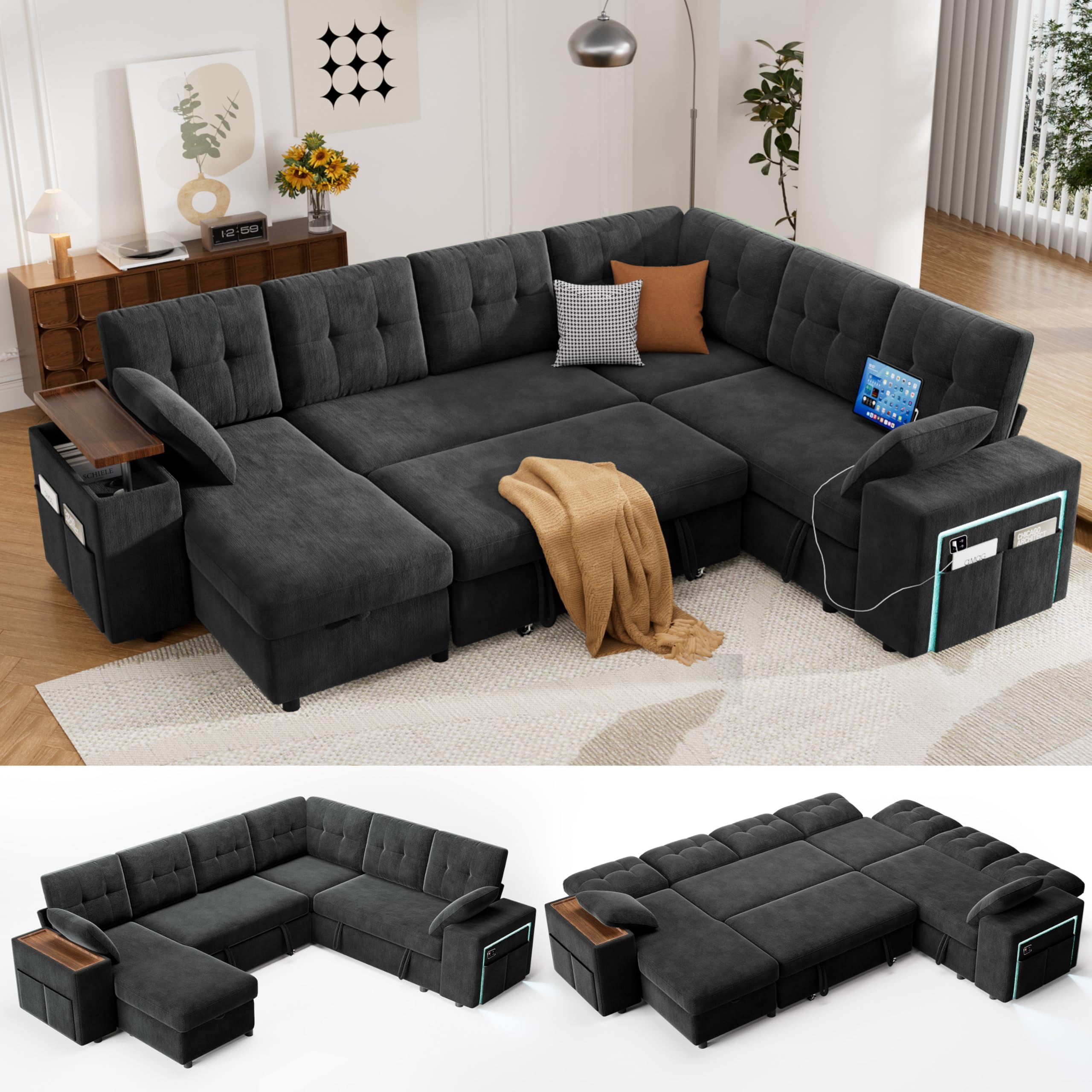 Vipbear 7 Seat Modular Sectional Sleeper Sofa in Black