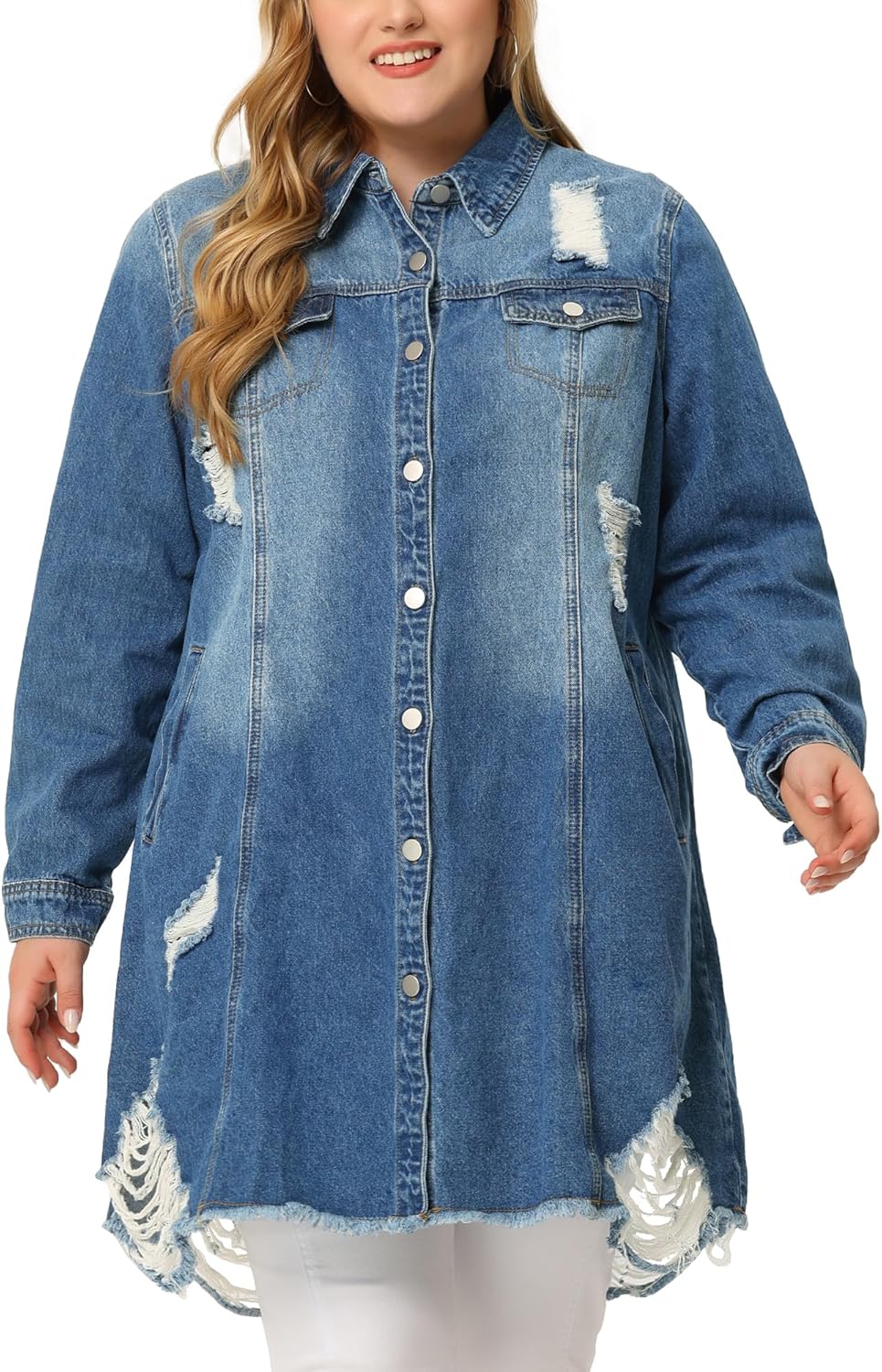 Agnes Orinda Jean Jacket for Women Plus Size Distressed Long Sleeve Oversized Denim Trucker Jackets - Image 2