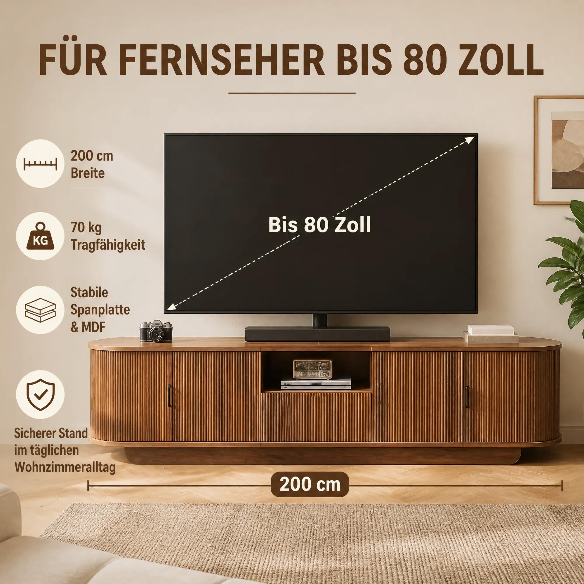 200cm Ovaler TV Schrank mit 3D-Wellenstruktur Schiebetüren