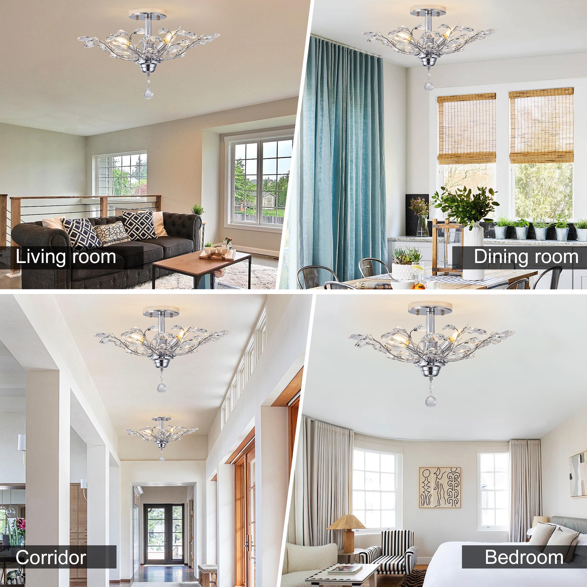 Ganeed Vintage K9 Klare Kristall Kronleuchter Deckenbeleuchtung Pendelleuchte Unterputzleuchte für Wohnzimmer Esszimmer Restaurant Veranda Flur Silber 4 Lichter