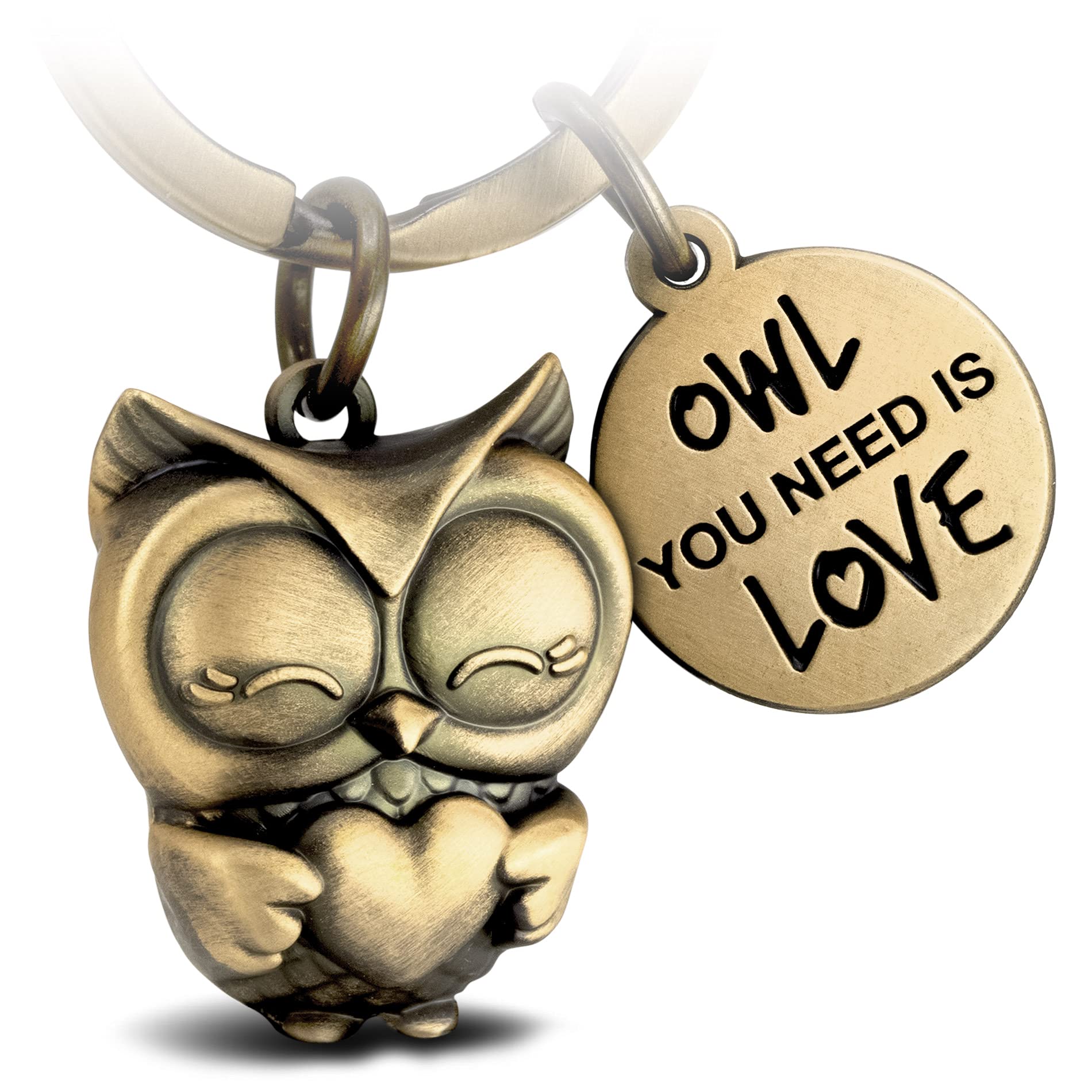 FABACH Owl Keyring Owly with Heart and Engraving Cute Owl Keyring Friend and Love Lucky Charm Made of Metal for Women Owl You Need is Love, Antique bronze,