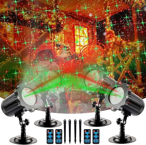 Treela Paquete de 4 proyectores de Navidad con luces láser para decoración al aire libre, espectáculo de luces de estrella de Navidad, proyector
