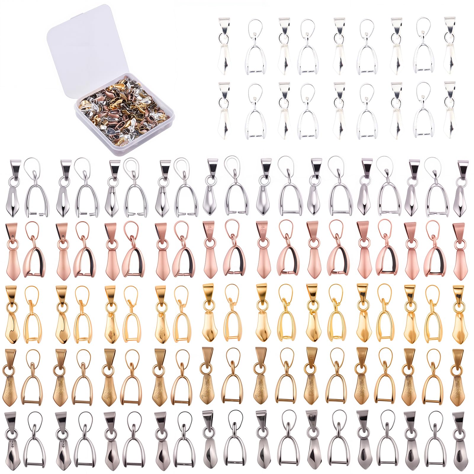 SUNNYCLUE 1 Box 120Pcs Pinch Bails Pinch Clasp Snap on Bails Bulk Dangle Charm Hanging Loop Bead Connector 20x7mm Golden Silver Pendants Clasps for Jewelry Making Supplies Earring Necklace Craft