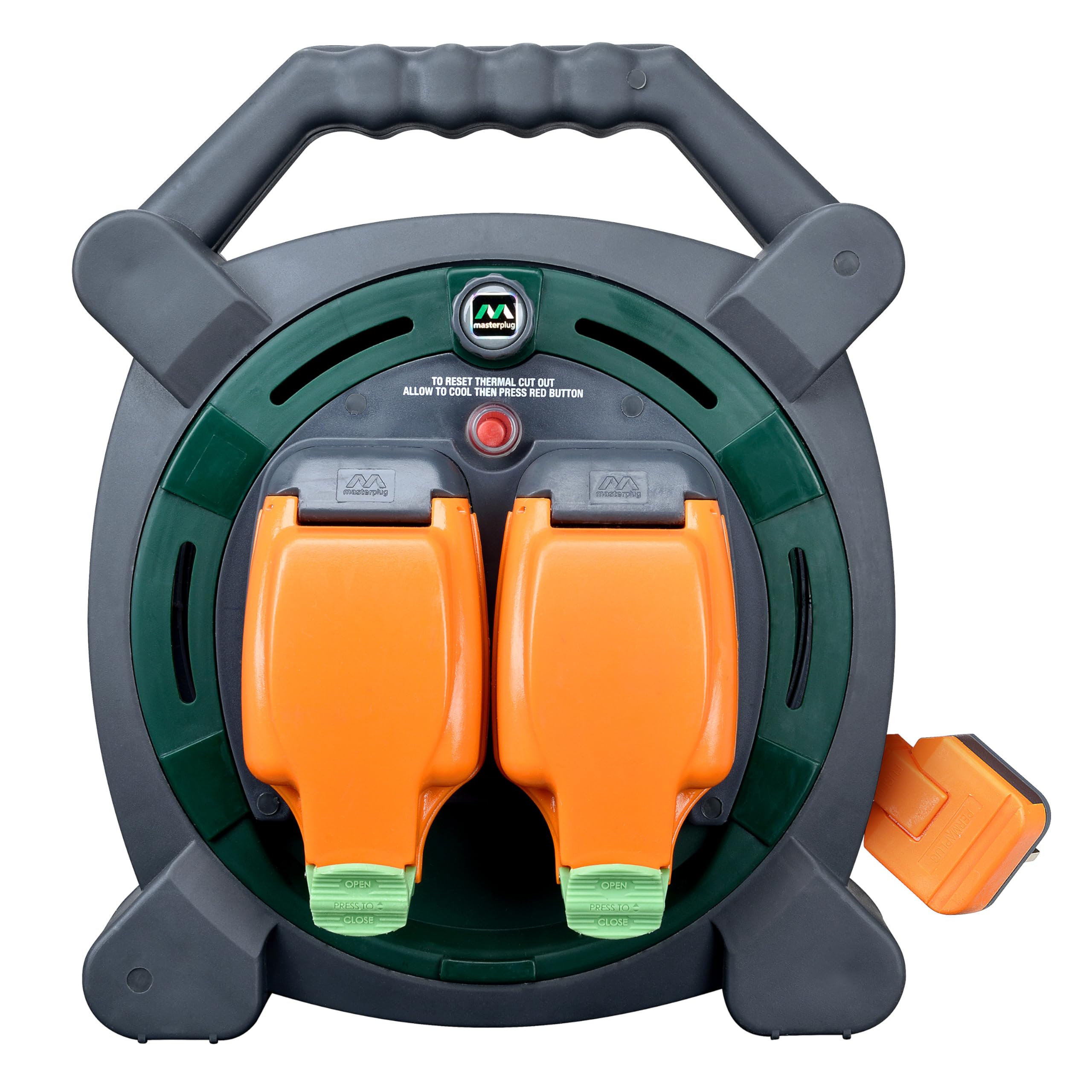 Masterplug Two Socket Retractable Weatherproof Case Reel, Extension Lead Cable Reel, Wind-Up Power Cord Reel, Thermal Cut Out, 20 Metre Cable, Outdoor Power, Grey/Orange, 13A, 2G, 20m, HLP2013/2IP