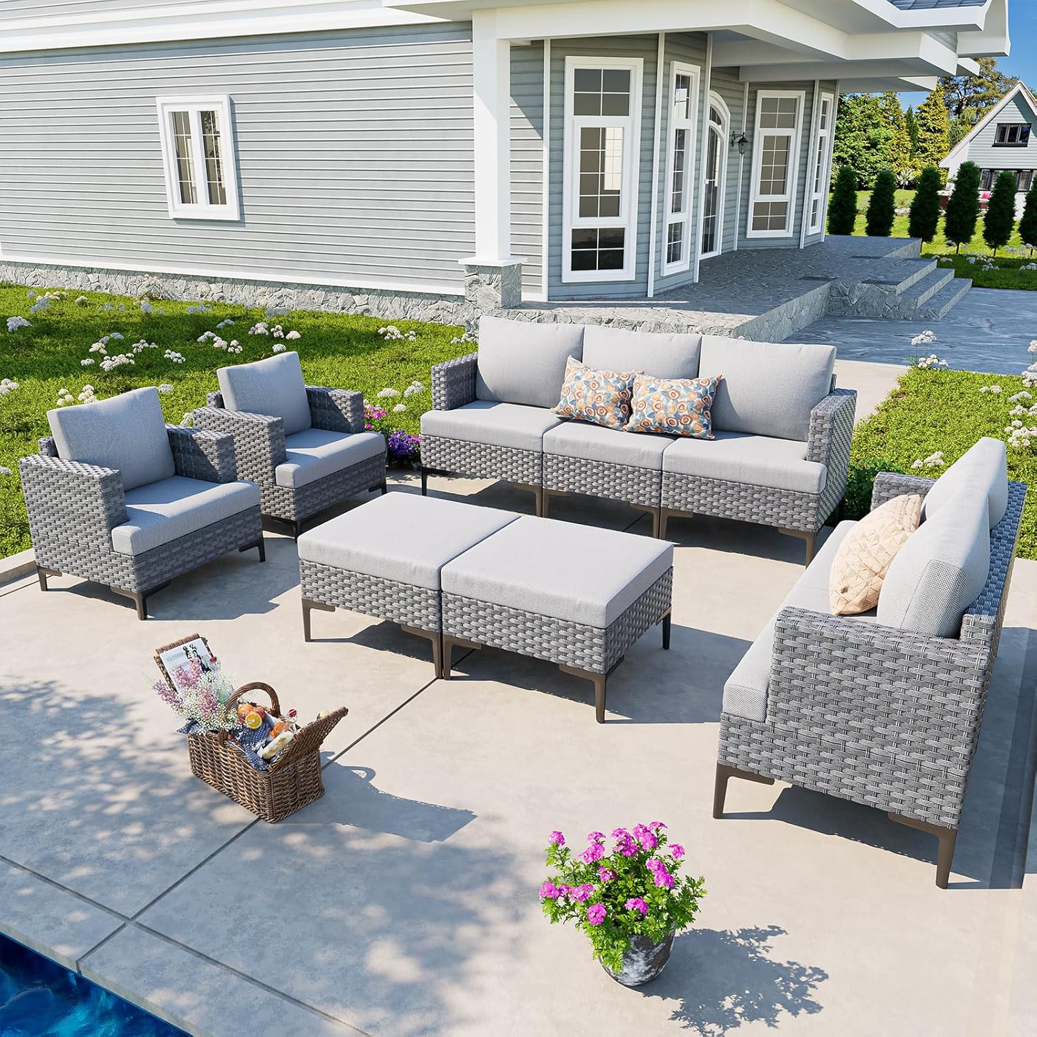 9 Piece Luxury Patio Furniture Set All Weather Outdoor Sectional with Thick Cushions Wicker Patio Conversation Set for Heavy People
